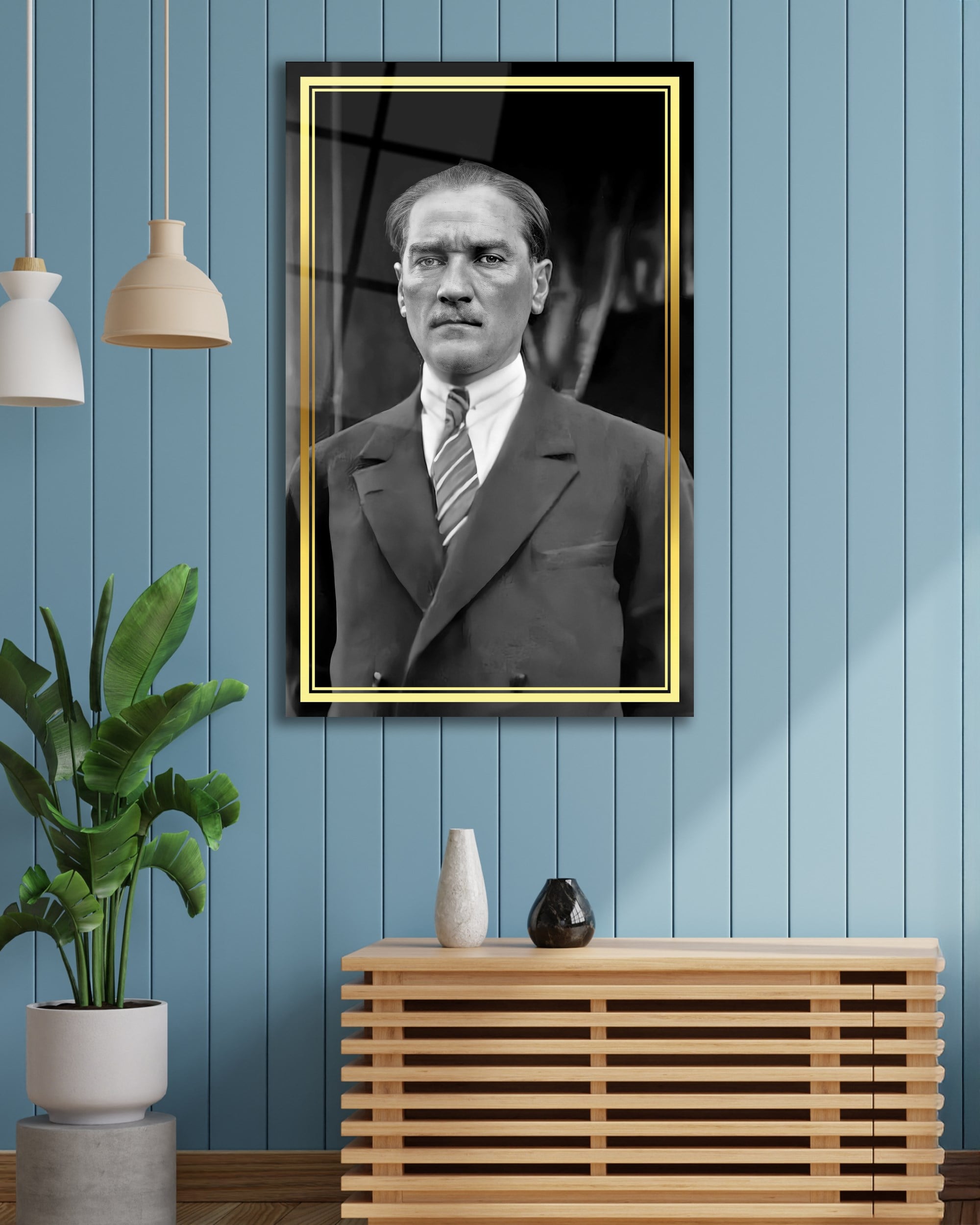 Atatürk Portre Siyah Beyaz Cam Tablo Hediyelik Büyük Tablo Ev Ofis Dekoru