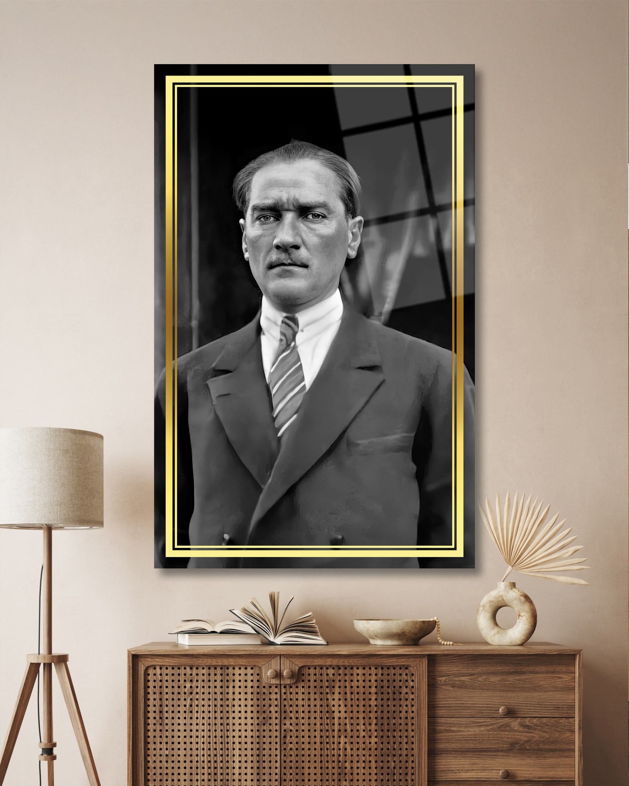 Atatürk Portre Siyah Beyaz Cam Tablo Hediyelik Büyük Tablo Ev Ofis Dekoru
