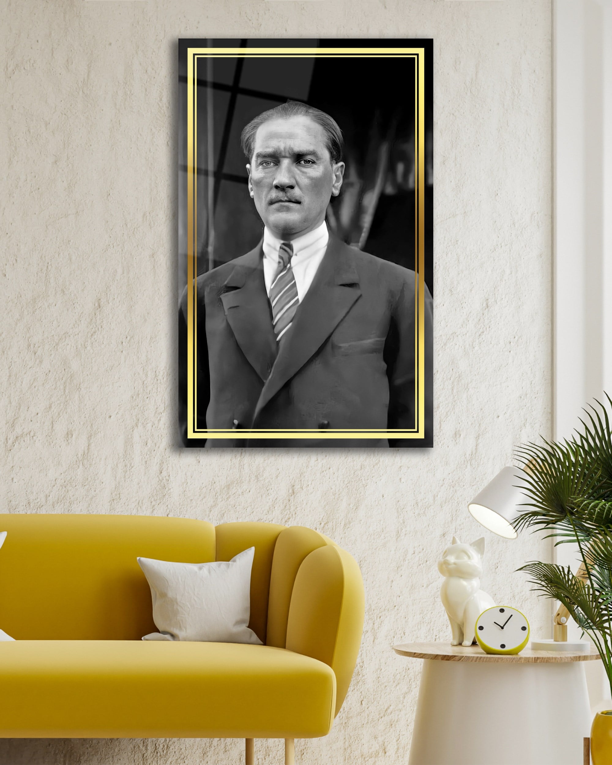 Atatürk Portre Siyah Beyaz Cam Tablo Hediyelik Büyük Tablo Ev Ofis Dekoru