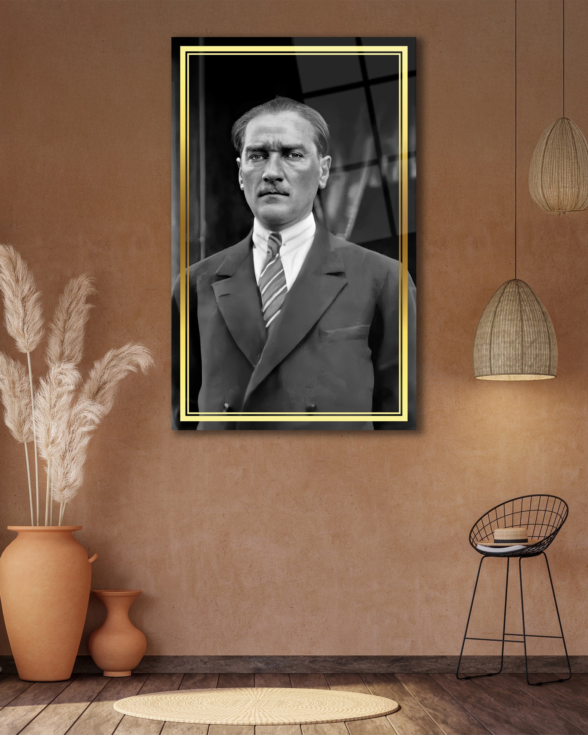 Atatürk Portre Siyah Beyaz Cam Tablo Hediyelik Büyük Tablo Ev Ofis Dekoru