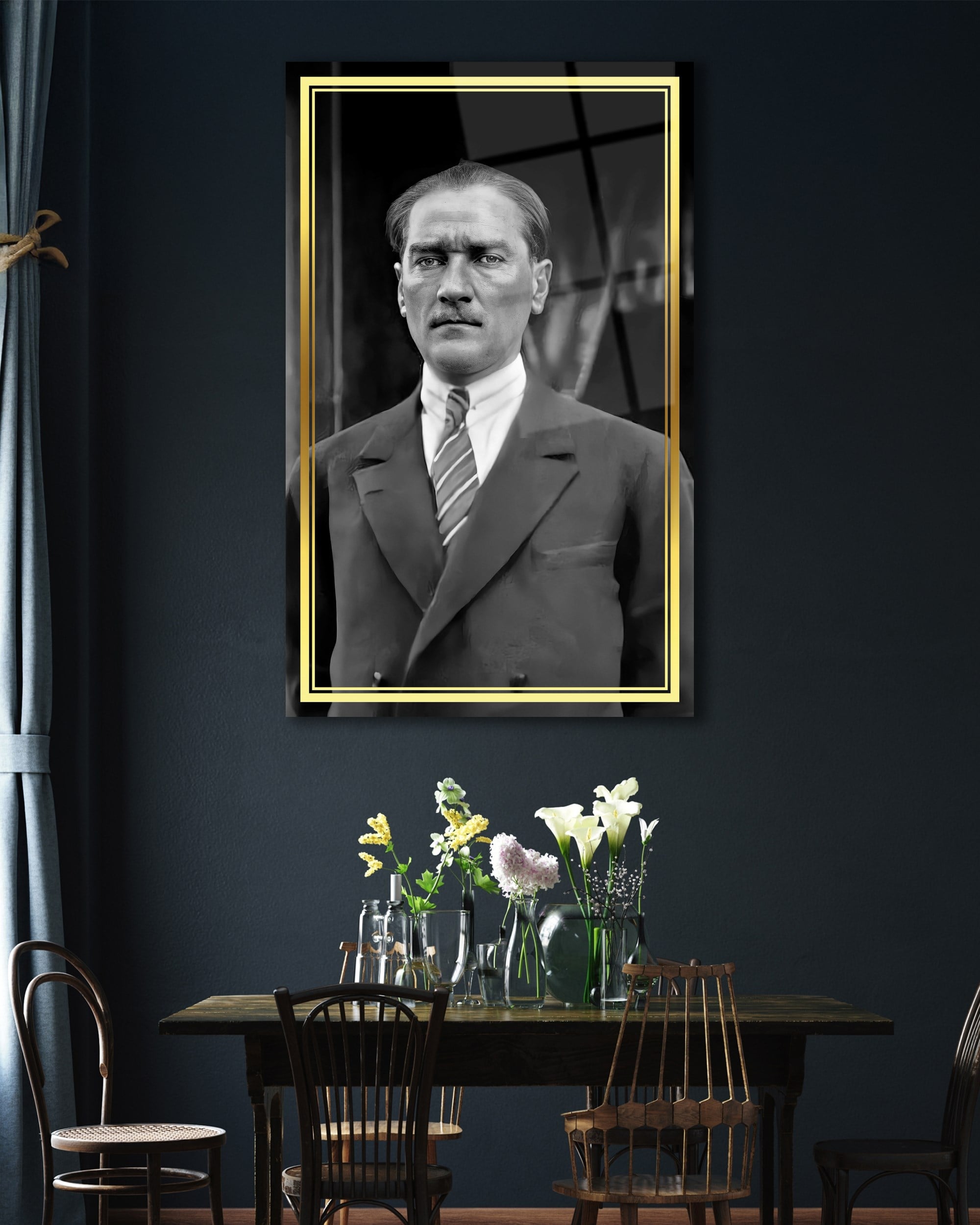 Atatürk Portre Siyah Beyaz Cam Tablo Hediyelik Büyük Tablo Ev Ofis Dekoru