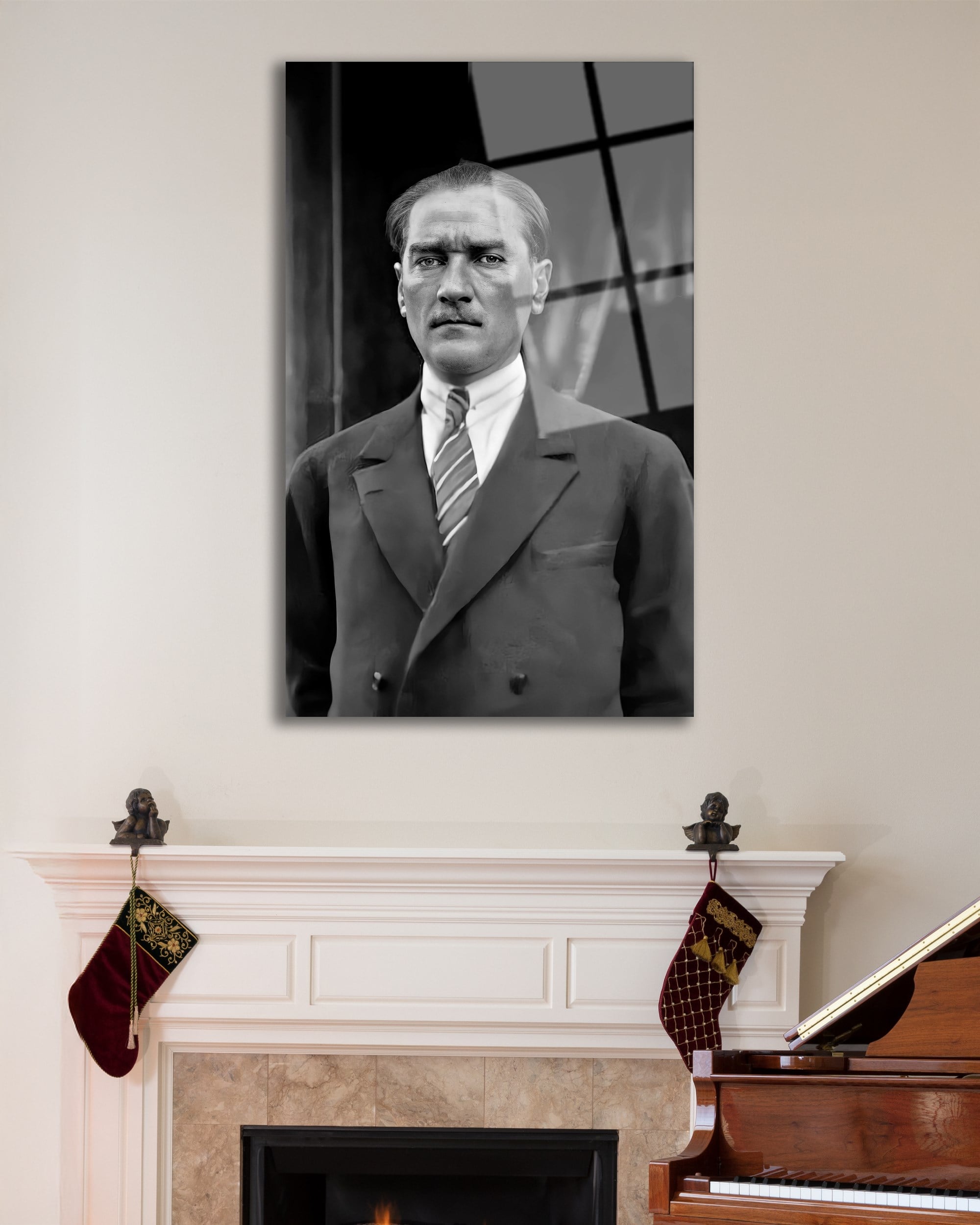 Atatürk Portre Siyah Beyaz Cam Tablo Hediyelik Büyük Tablo Ev Ofis Dekoru