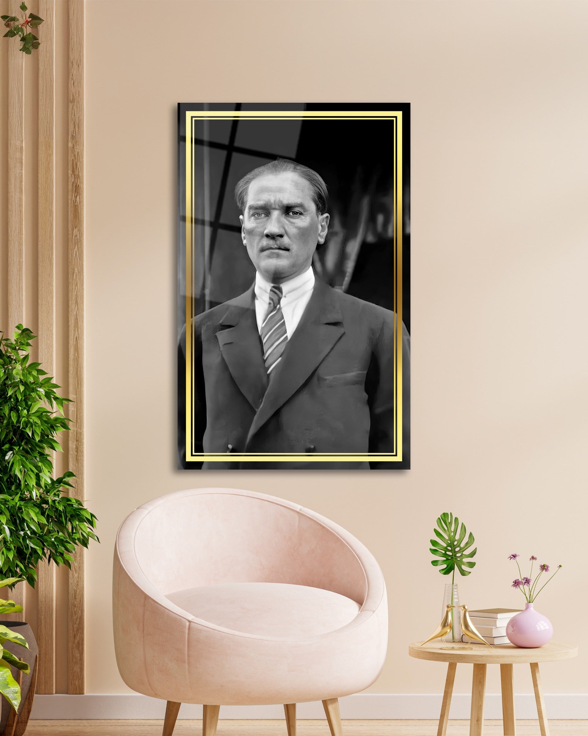 Atatürk Portre Siyah Beyaz Cam Tablo Hediyelik Büyük Tablo Ev Ofis Dekoru