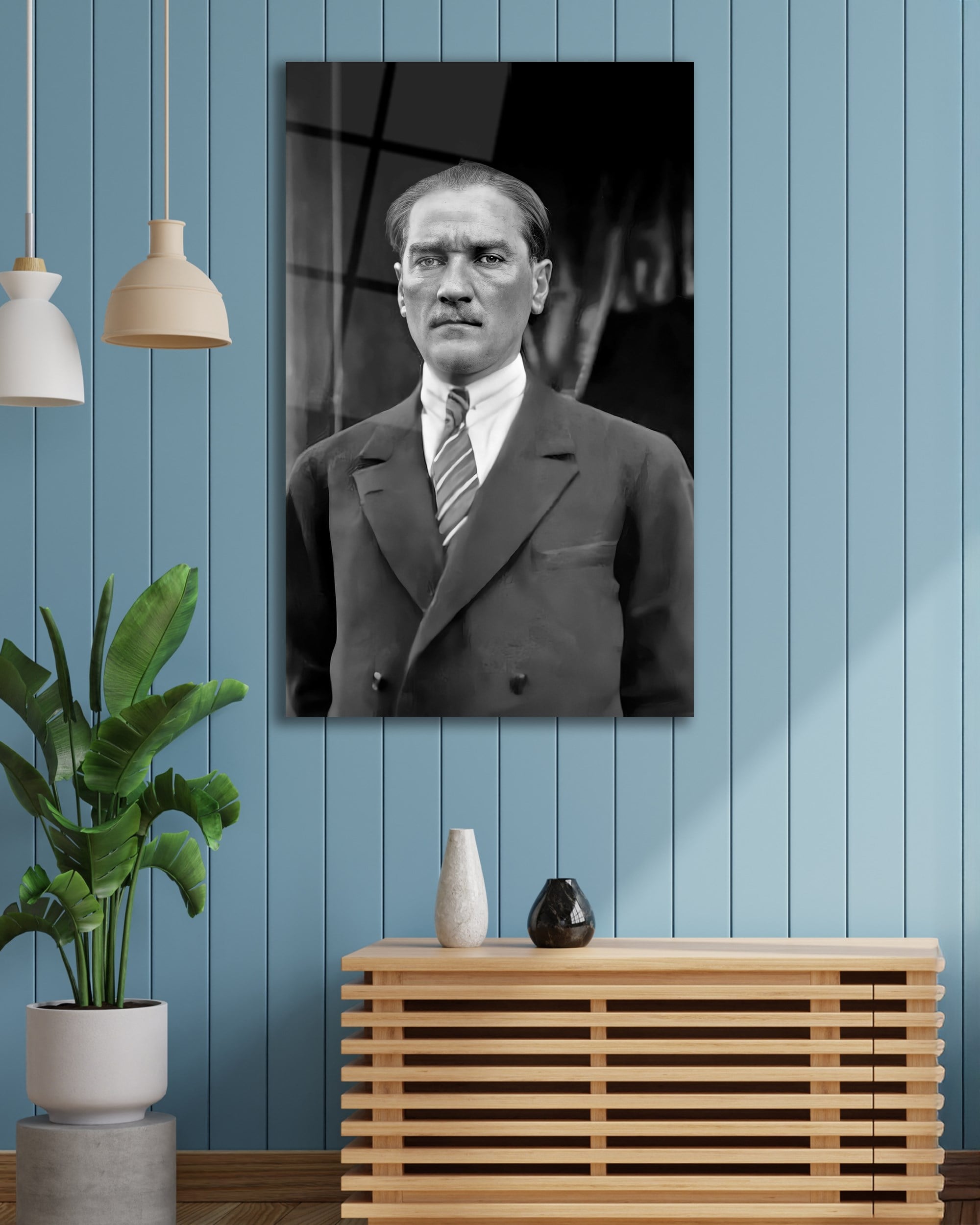 Atatürk Portre Siyah Beyaz Cam Tablo Hediyelik Büyük Tablo Ev Ofis Dekoru