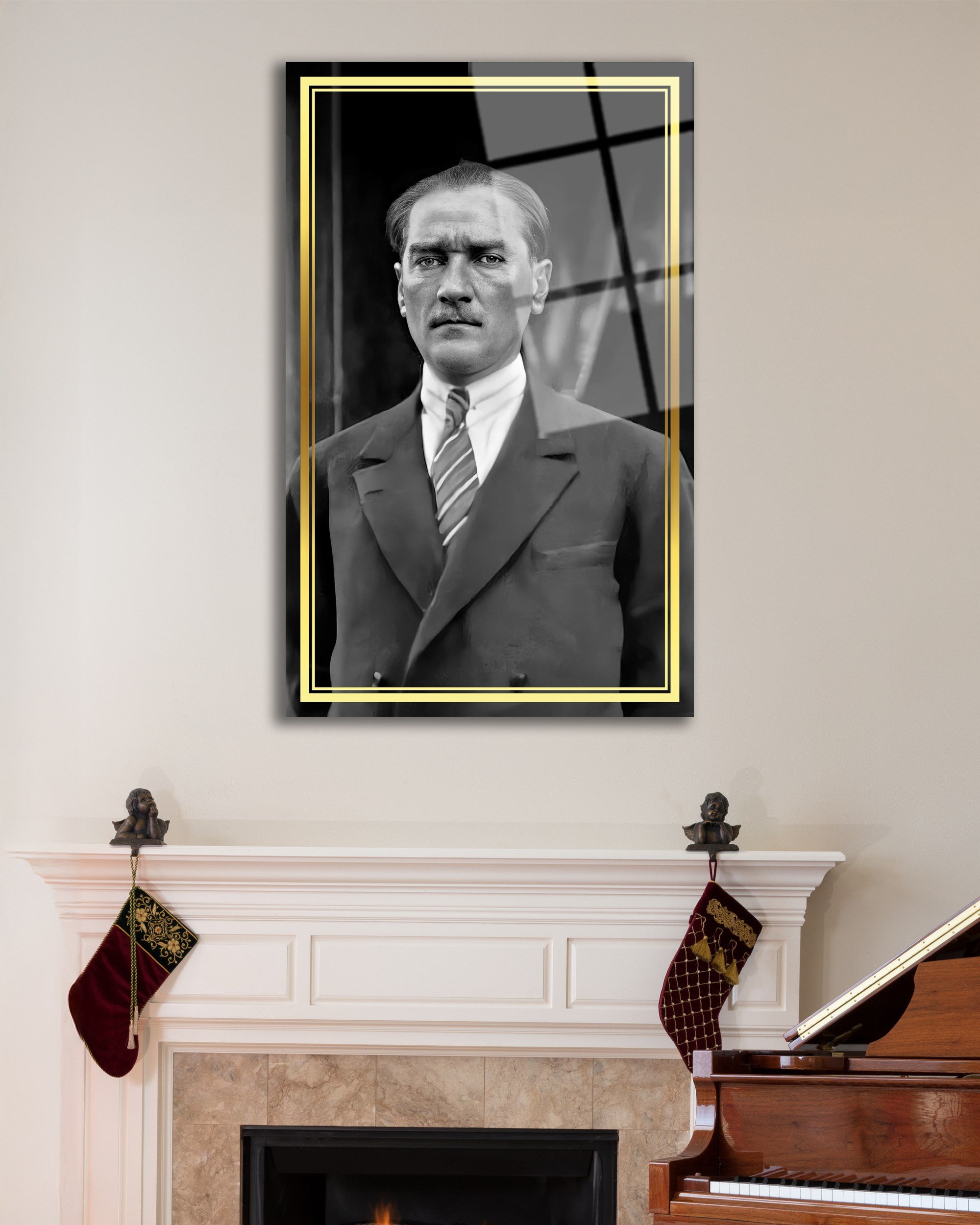 Atatürk Portre Siyah Beyaz Cam Tablo Hediyelik Büyük Tablo Ev Ofis Dekoru