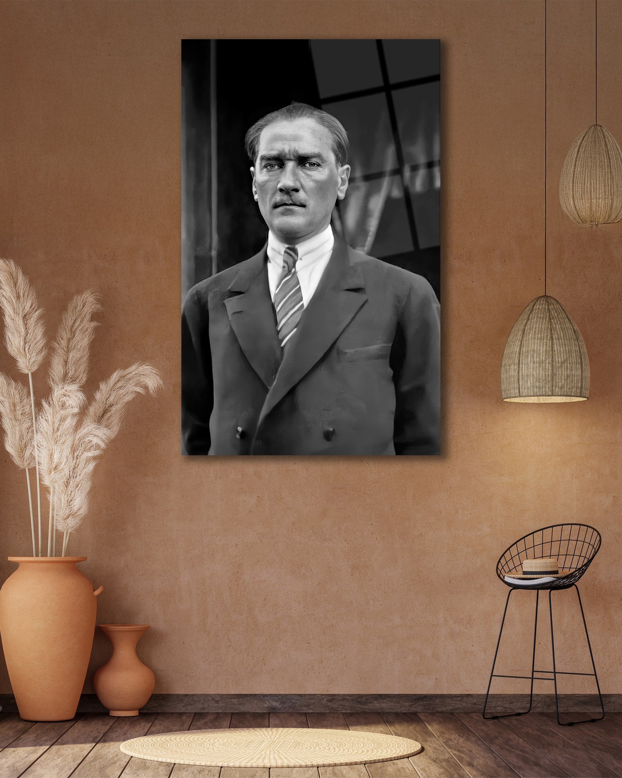 Atatürk Portre Siyah Beyaz Cam Tablo Hediyelik Büyük Tablo Ev Ofis Dekoru