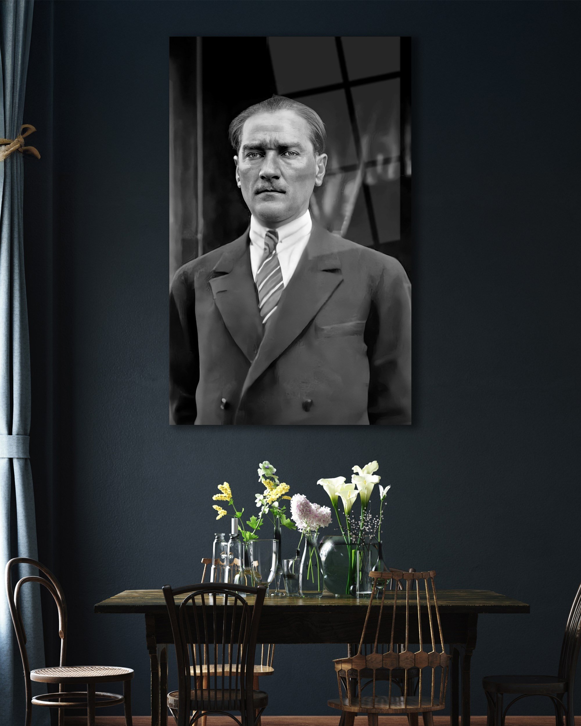 Atatürk Portre Siyah Beyaz Cam Tablo Hediyelik Büyük Tablo Ev Ofis Dekoru