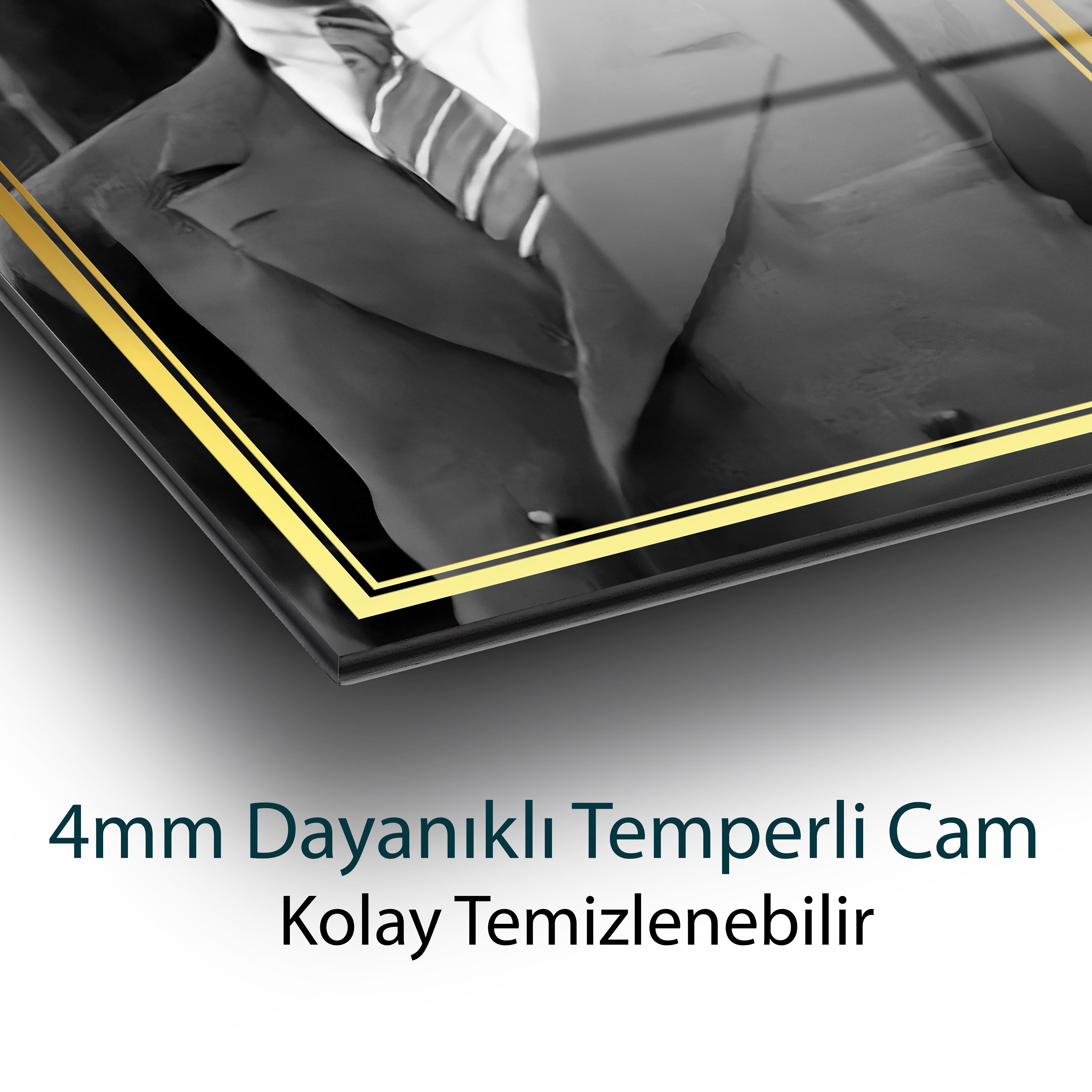 Atatürk Portre Siyah Beyaz Cam Tablo Hediyelik Büyük Tablo Ev Ofis Dekoru