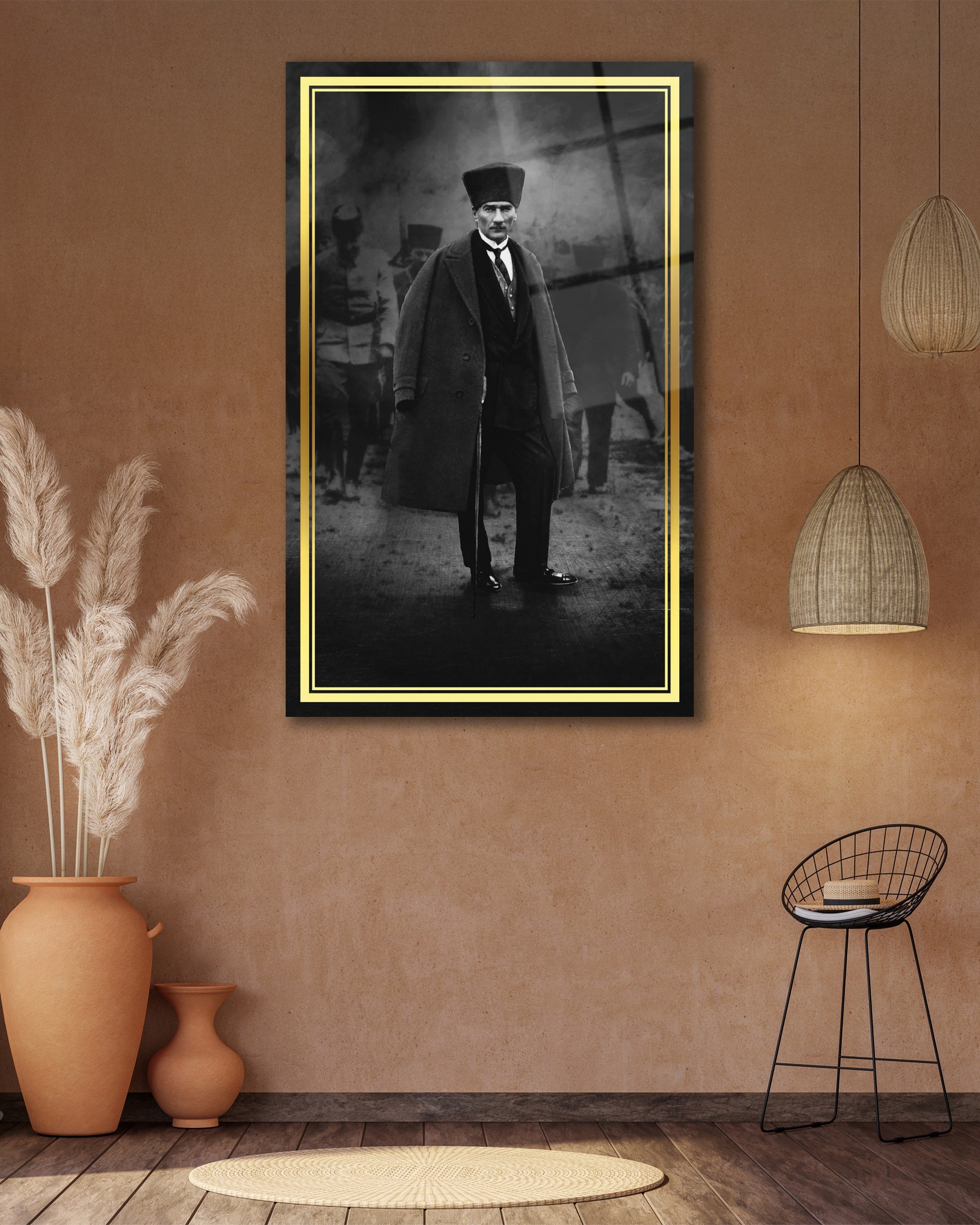 Atatürk Portre Siyah Beyaz Dikey Cam Tablo Hediyelik Büyük Tablo Ev Ofis Dekoru