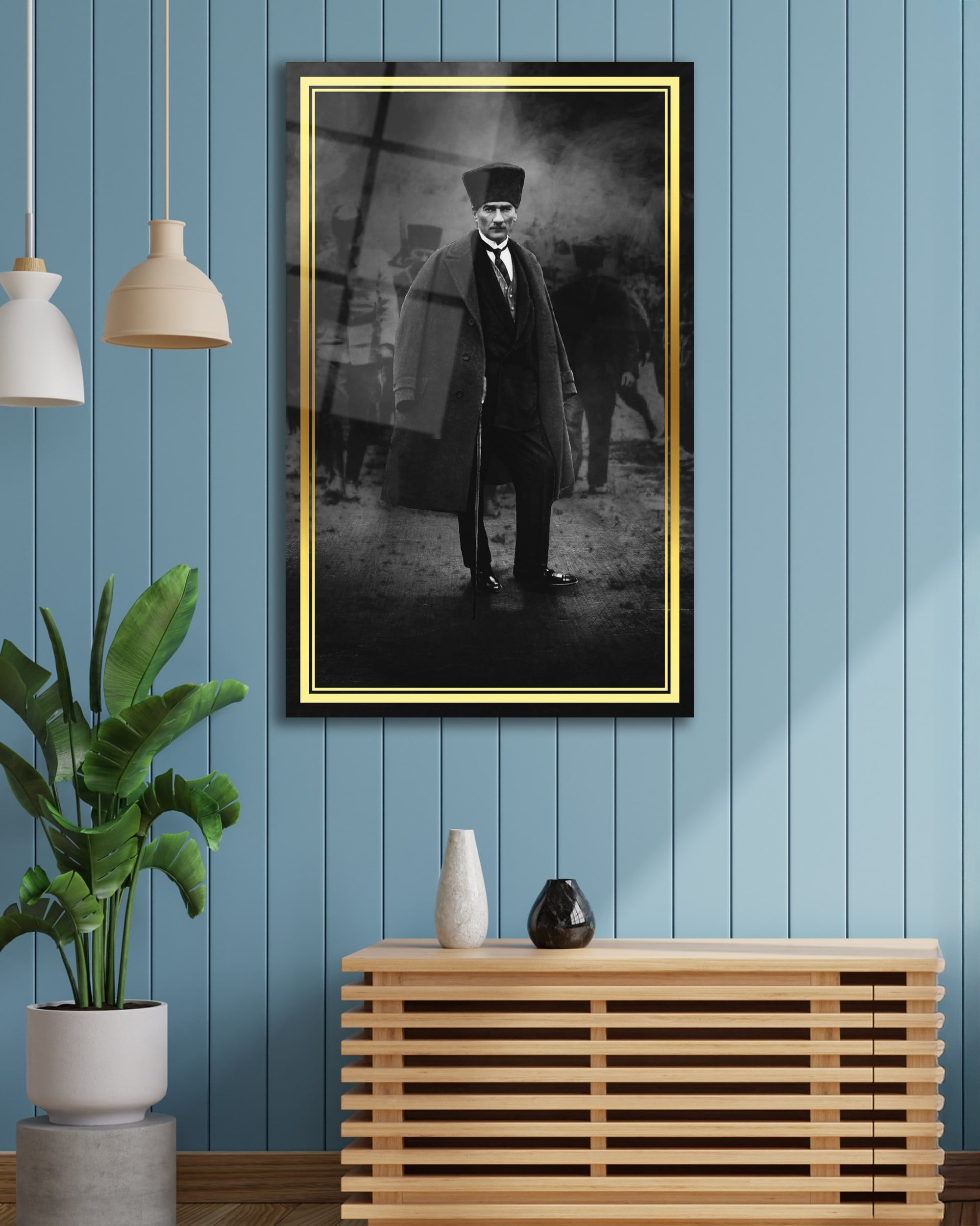 Atatürk Portre Siyah Beyaz Dikey Cam Tablo Hediyelik Büyük Tablo Ev Ofis Dekoru