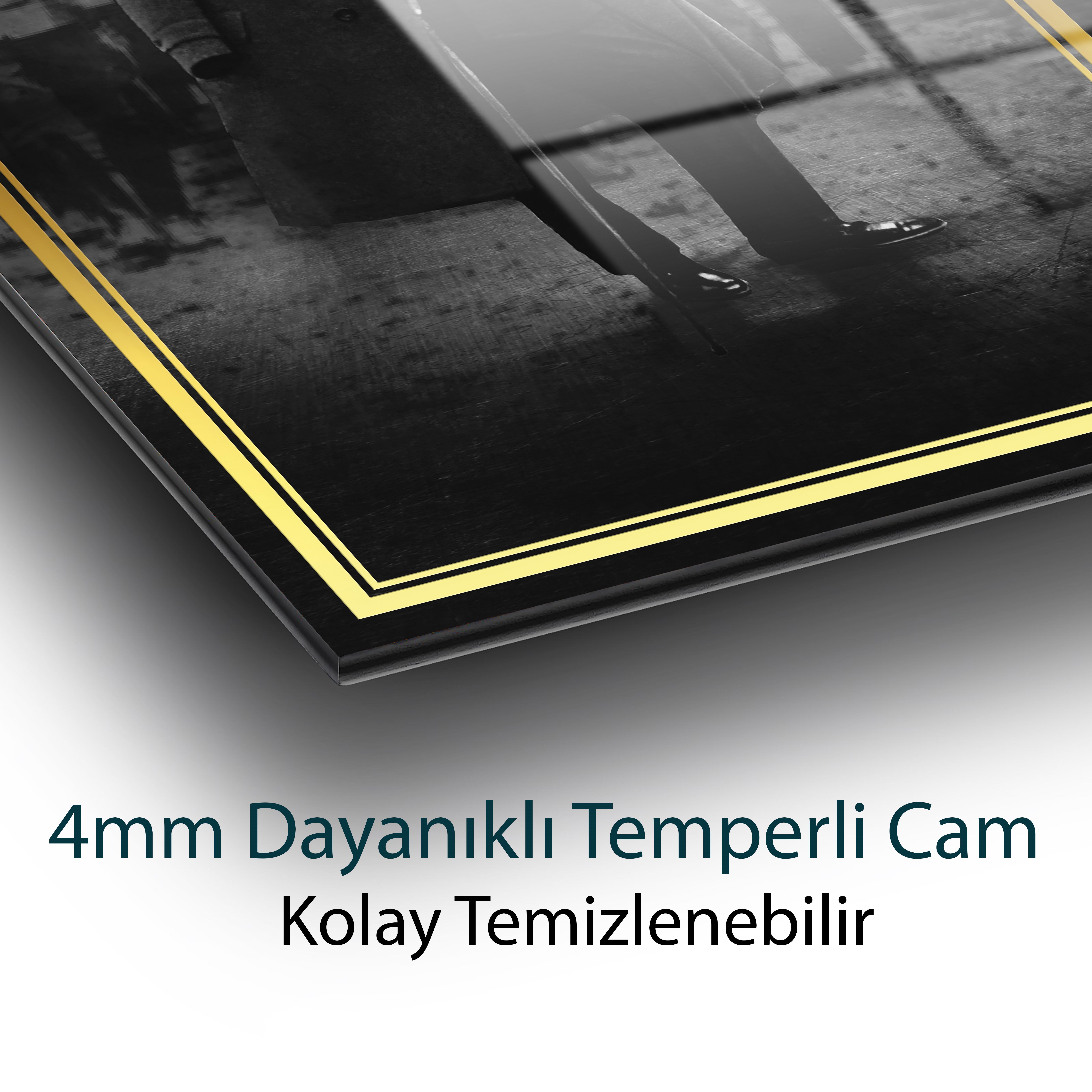 Atatürk Portre Siyah Beyaz Dikey Cam Tablo Hediyelik Büyük Tablo Ev Ofis Dekoru
