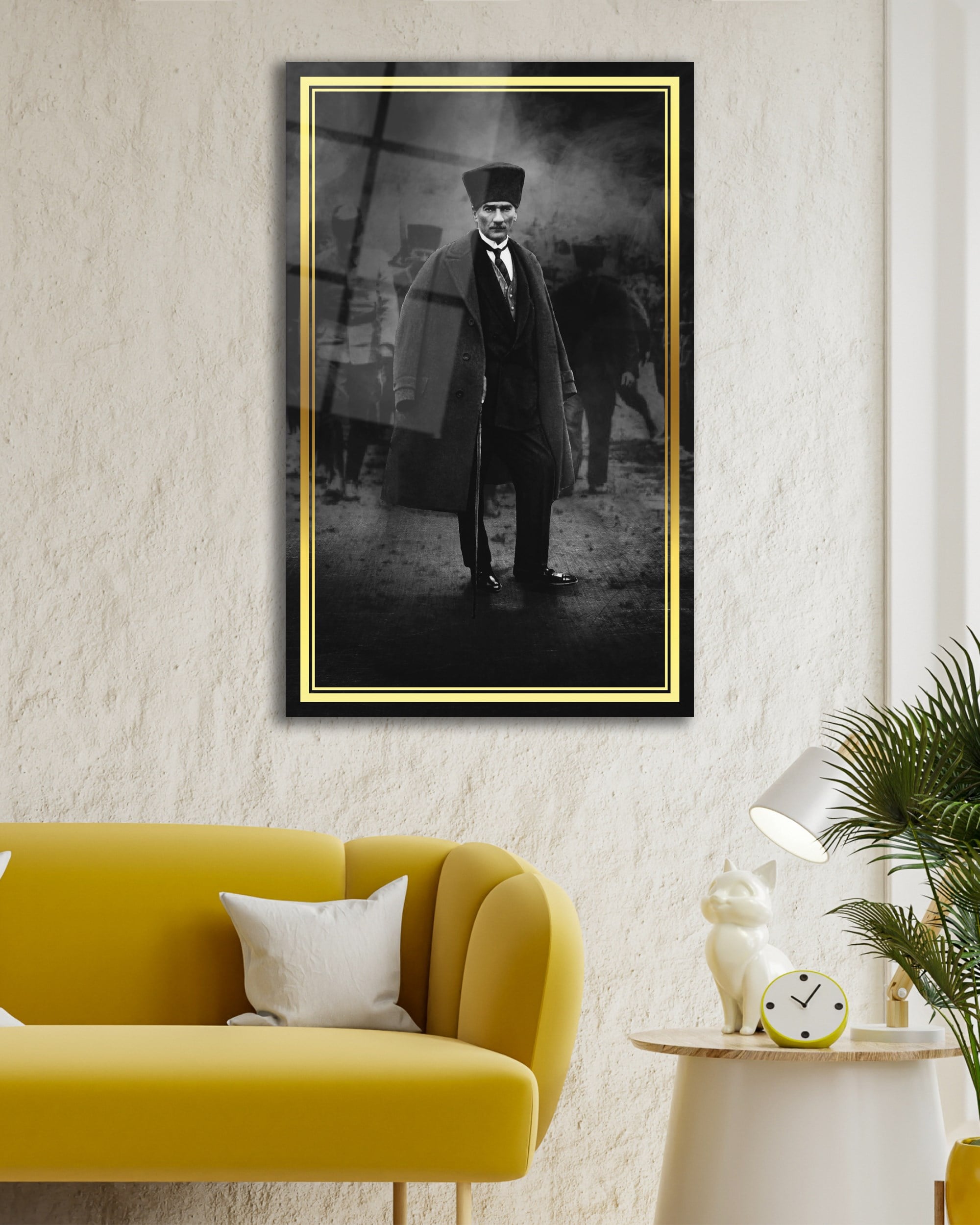 Atatürk Portre Siyah Beyaz Dikey Cam Tablo Hediyelik Büyük Tablo Ev Ofis Dekoru