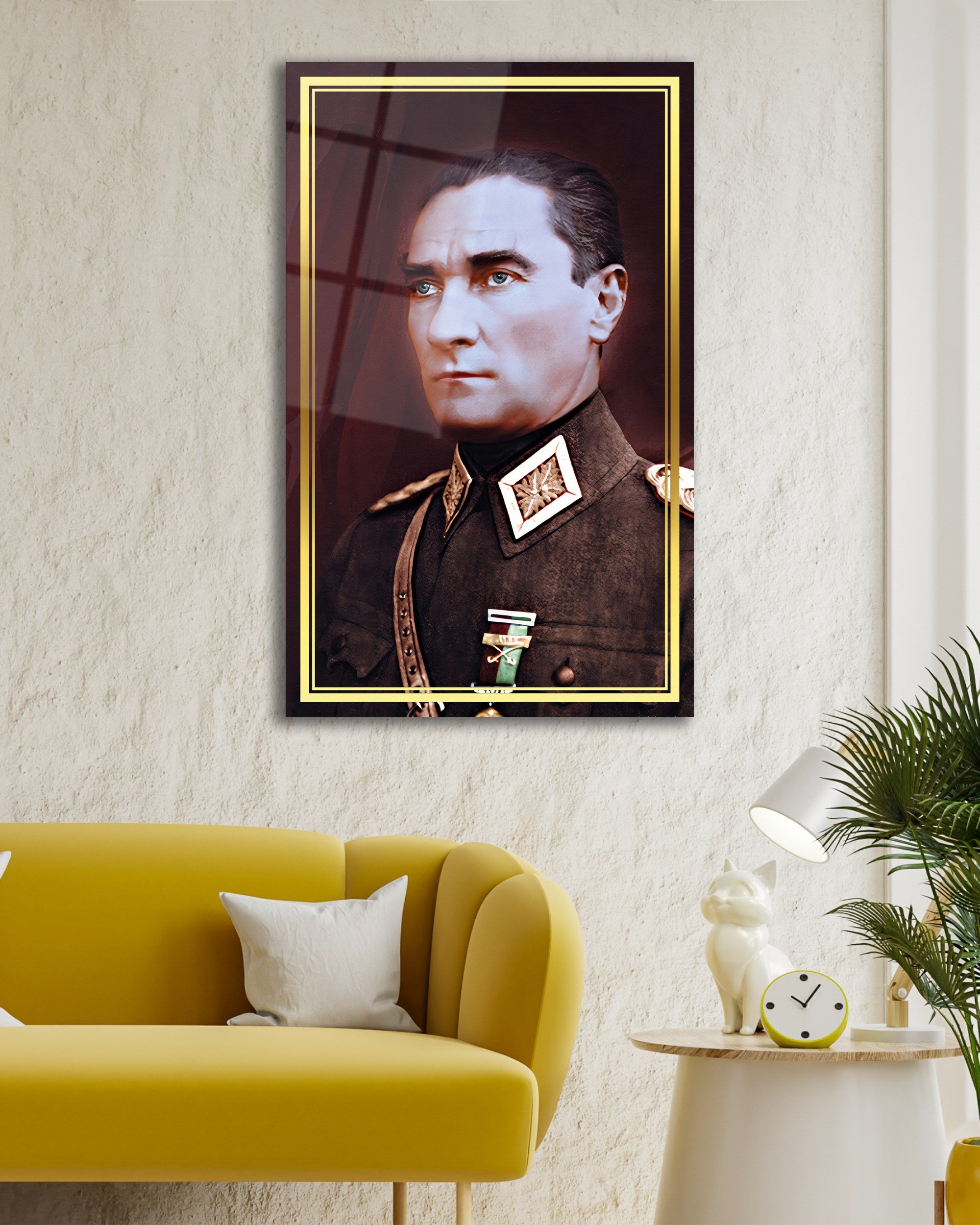 Atatürk Portre Üniformalı Cam Tablo Hediyelik Büyük Tablo Ev Ofis Dekoru