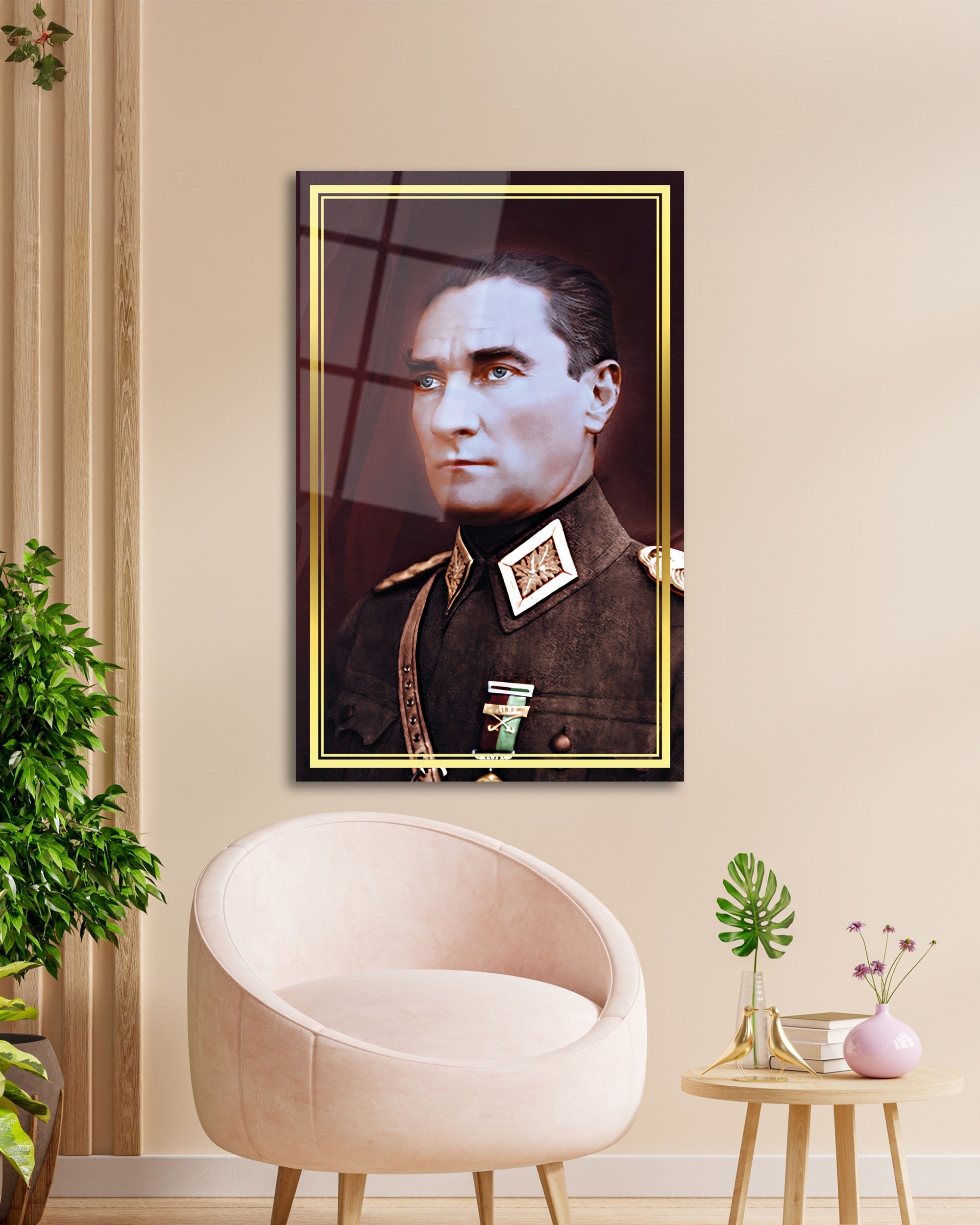 Atatürk Portre Üniformalı Cam Tablo Hediyelik Büyük Tablo Ev Ofis Dekoru