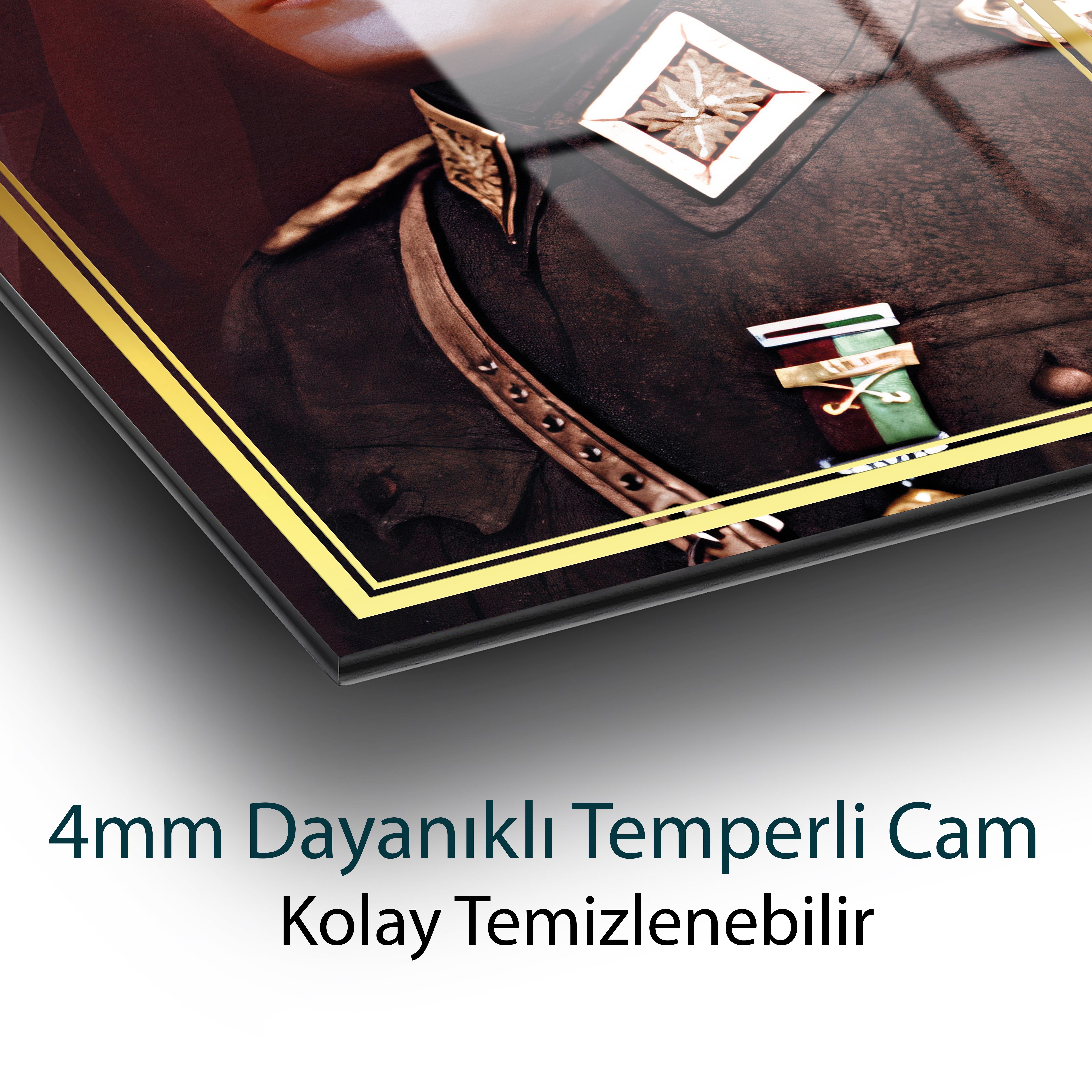 Atatürk Portre Üniformalı Cam Tablo Hediyelik Büyük Tablo Ev Ofis Dekoru