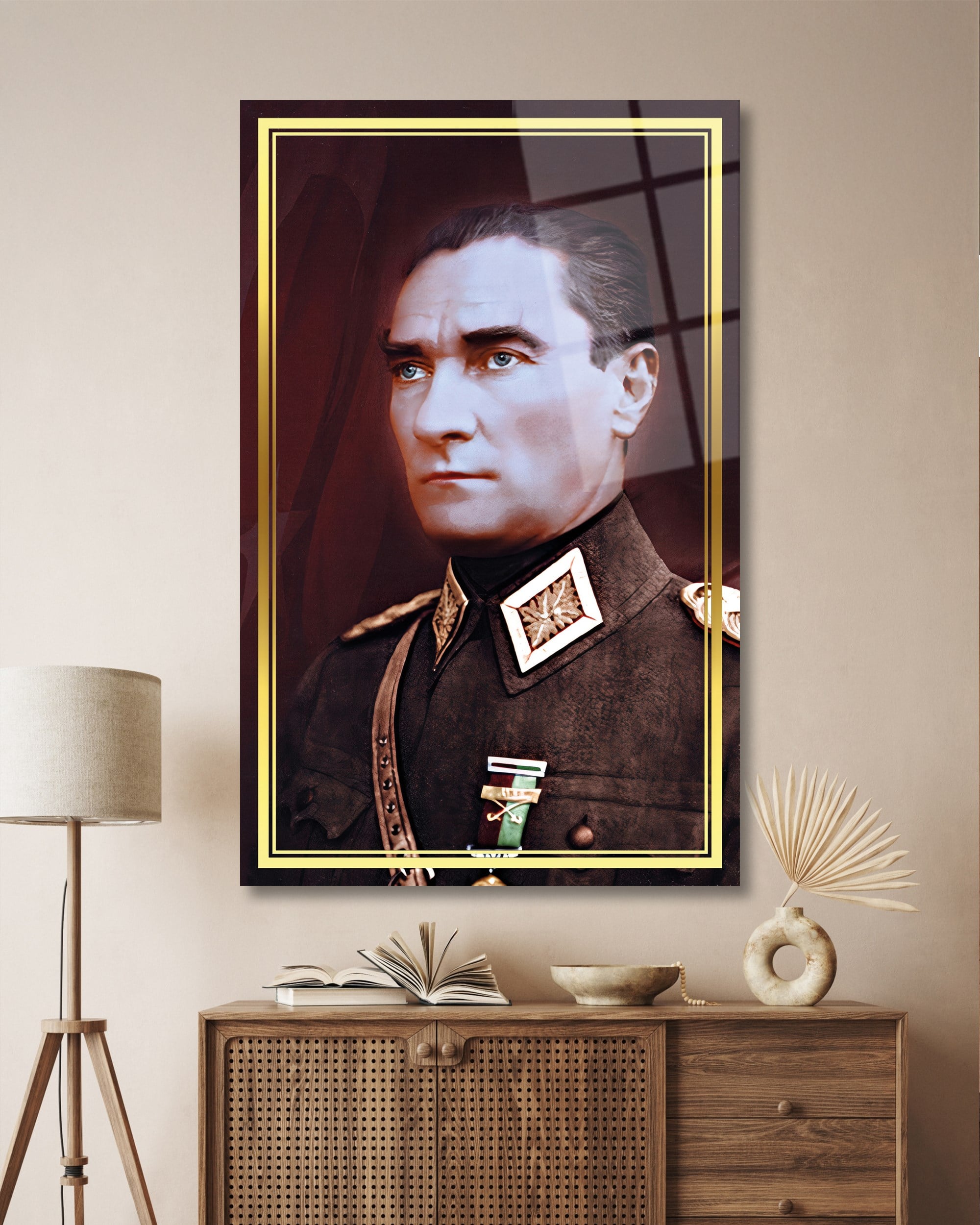 Atatürk Portre Üniformalı Cam Tablo Hediyelik Büyük Tablo Ev Ofis Dekoru