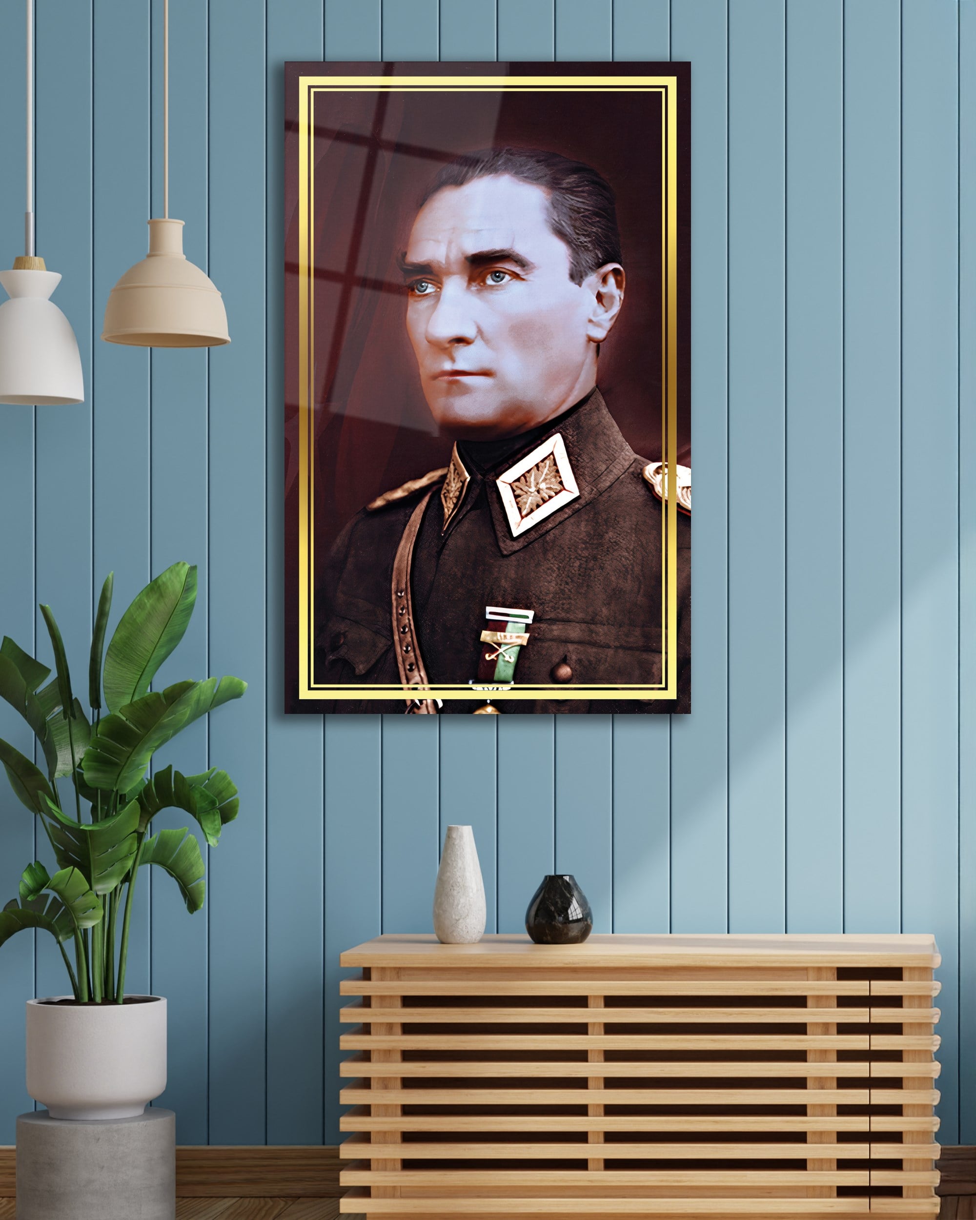 Atatürk Portre Üniformalı Cam Tablo Hediyelik Büyük Tablo Ev Ofis Dekoru