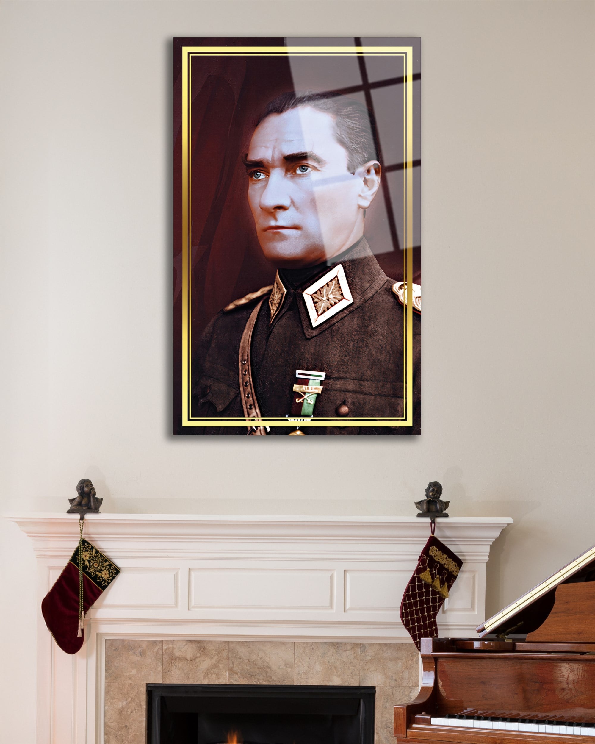 Atatürk Portre Üniformalı Cam Tablo Hediyelik Büyük Tablo Ev Ofis Dekoru
