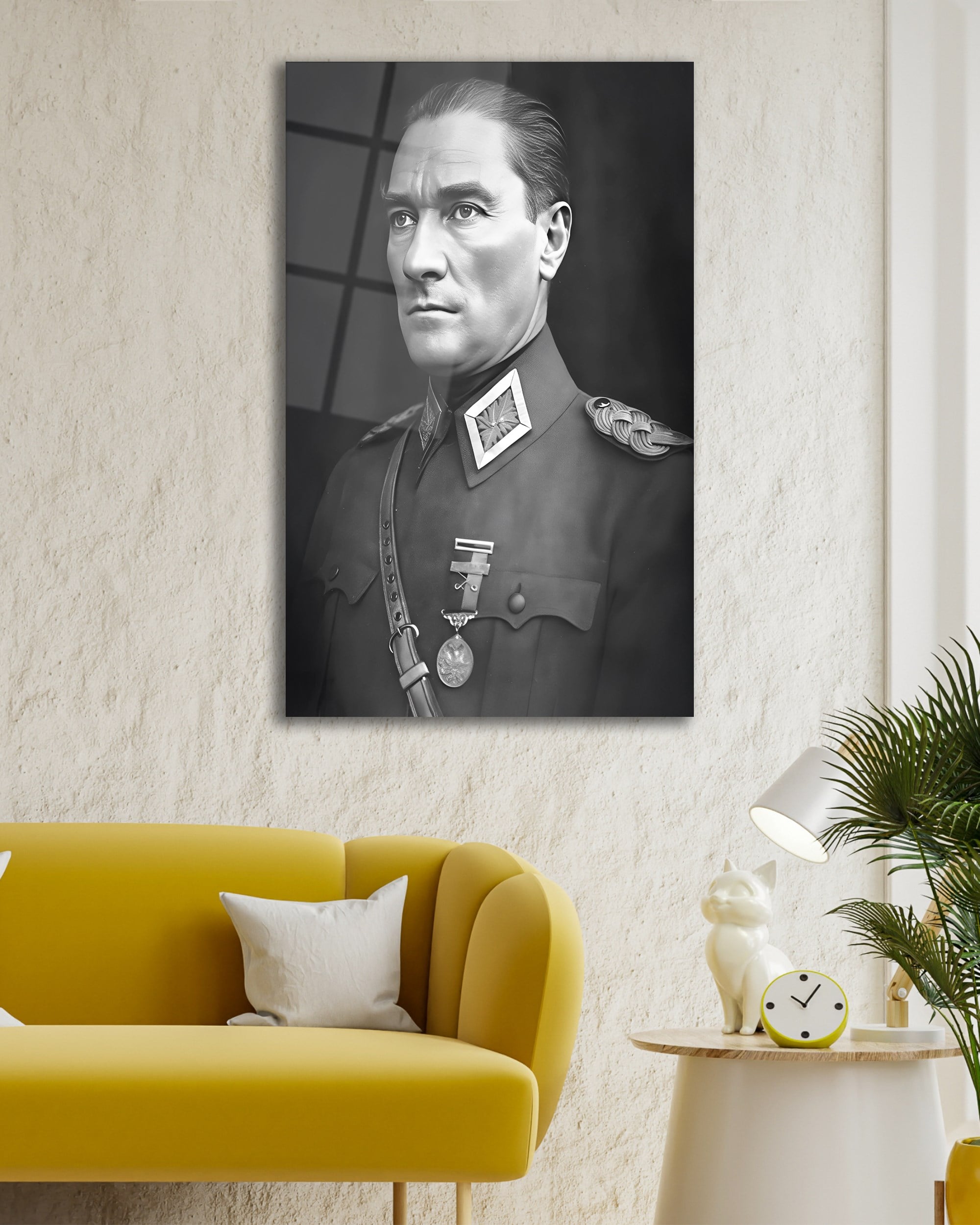 Atatürk Portre Üniformalı Siyah Beyaz Cam Tablo Hediyelik Büyük Tablo Ev Ofis Dekoru