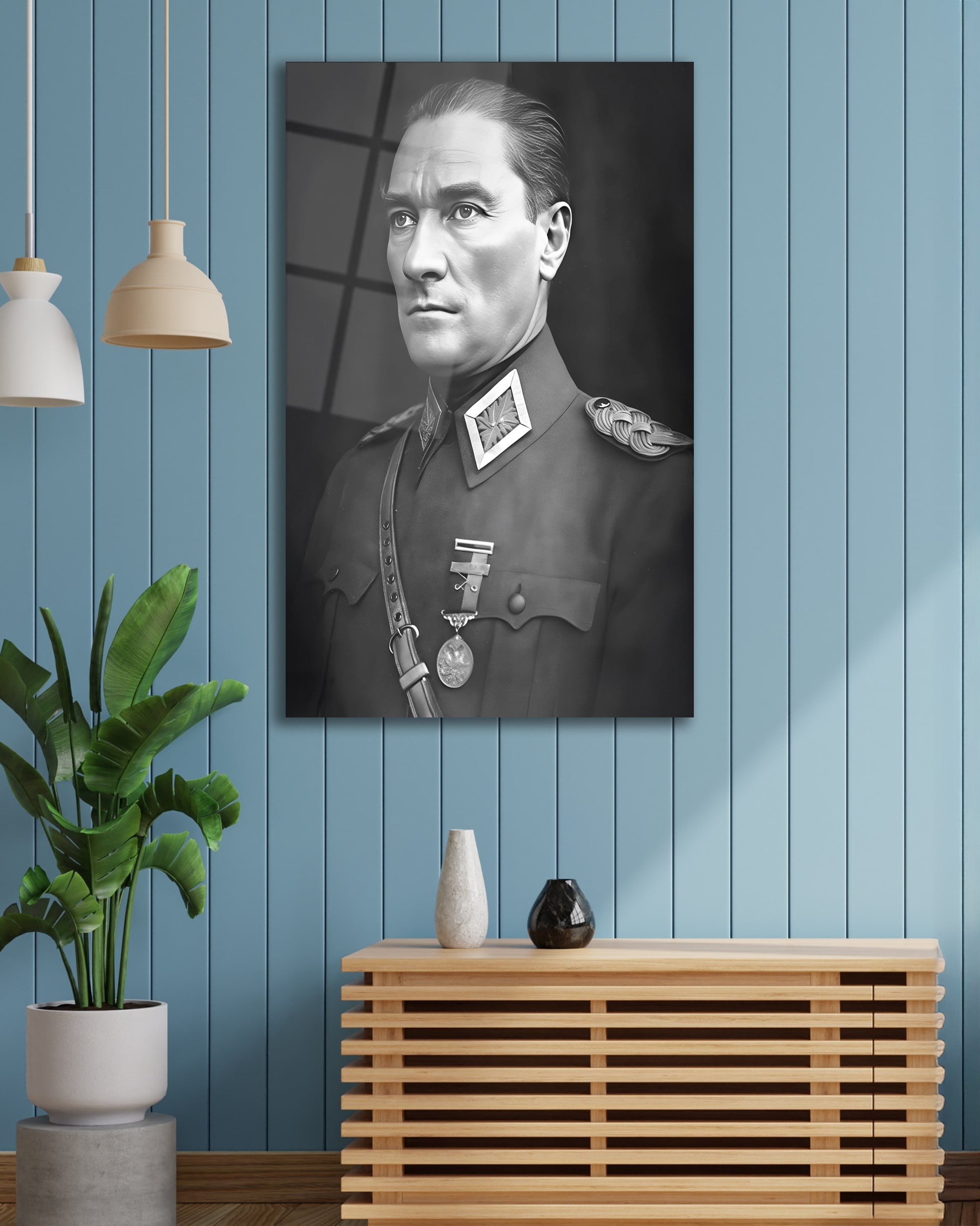 Atatürk Portre Üniformalı Siyah Beyaz Cam Tablo Hediyelik Büyük Tablo Ev Ofis Dekoru