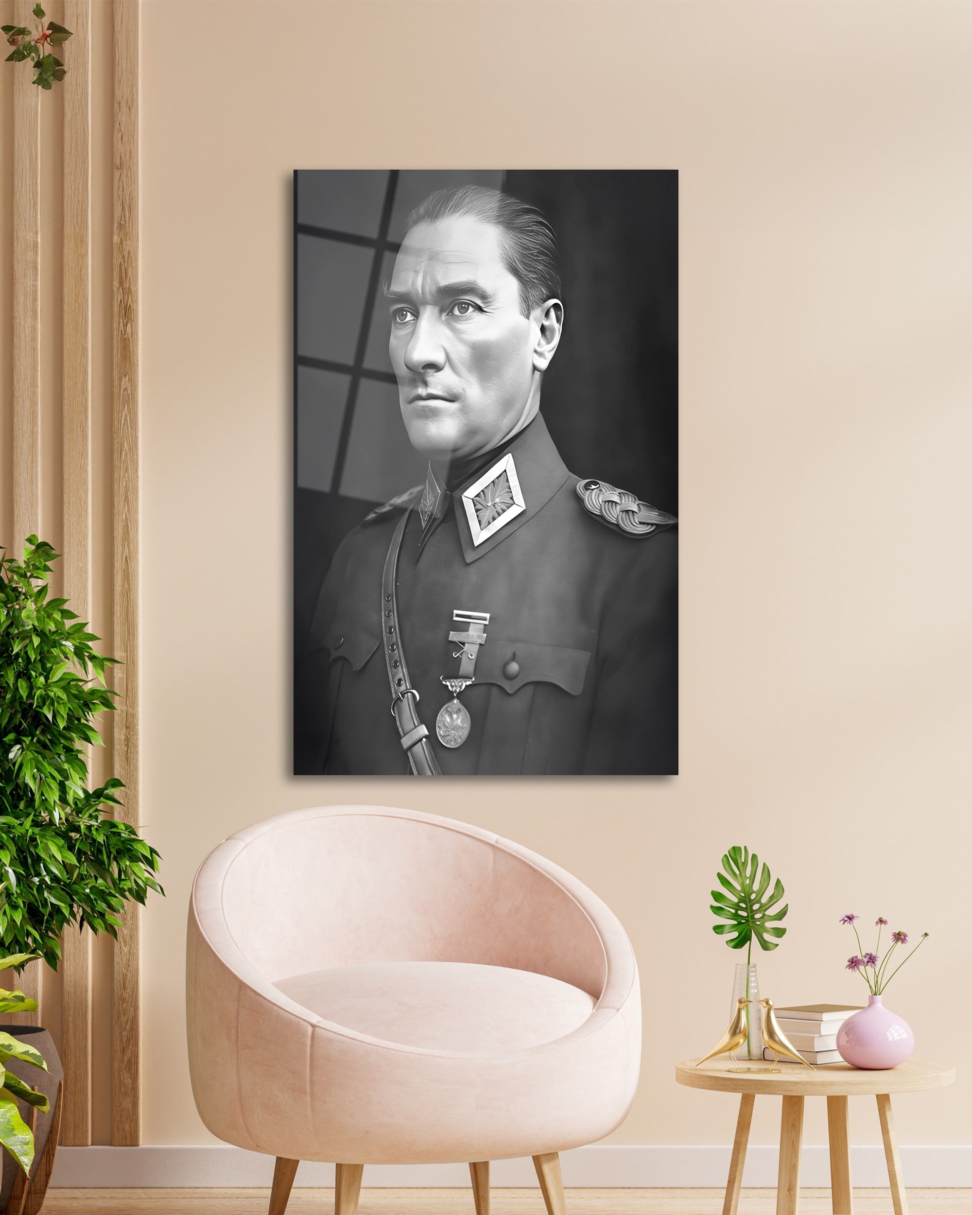 Atatürk Portre Üniformalı Siyah Beyaz Cam Tablo Hediyelik Büyük Tablo Ev Ofis Dekoru