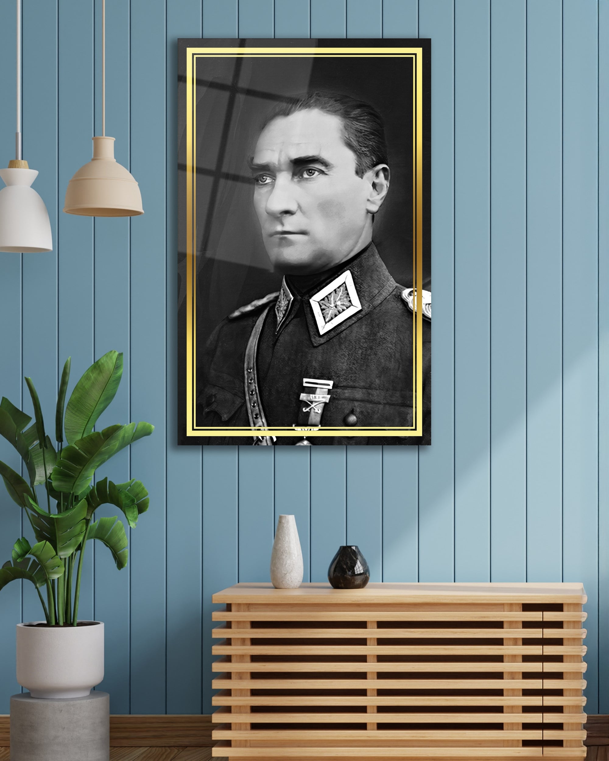 Atatürk Portre Üniformalı Siyah Beyaz Cam Tablo Hediyelik Büyük Tablo Ev Ofis Dekoru
