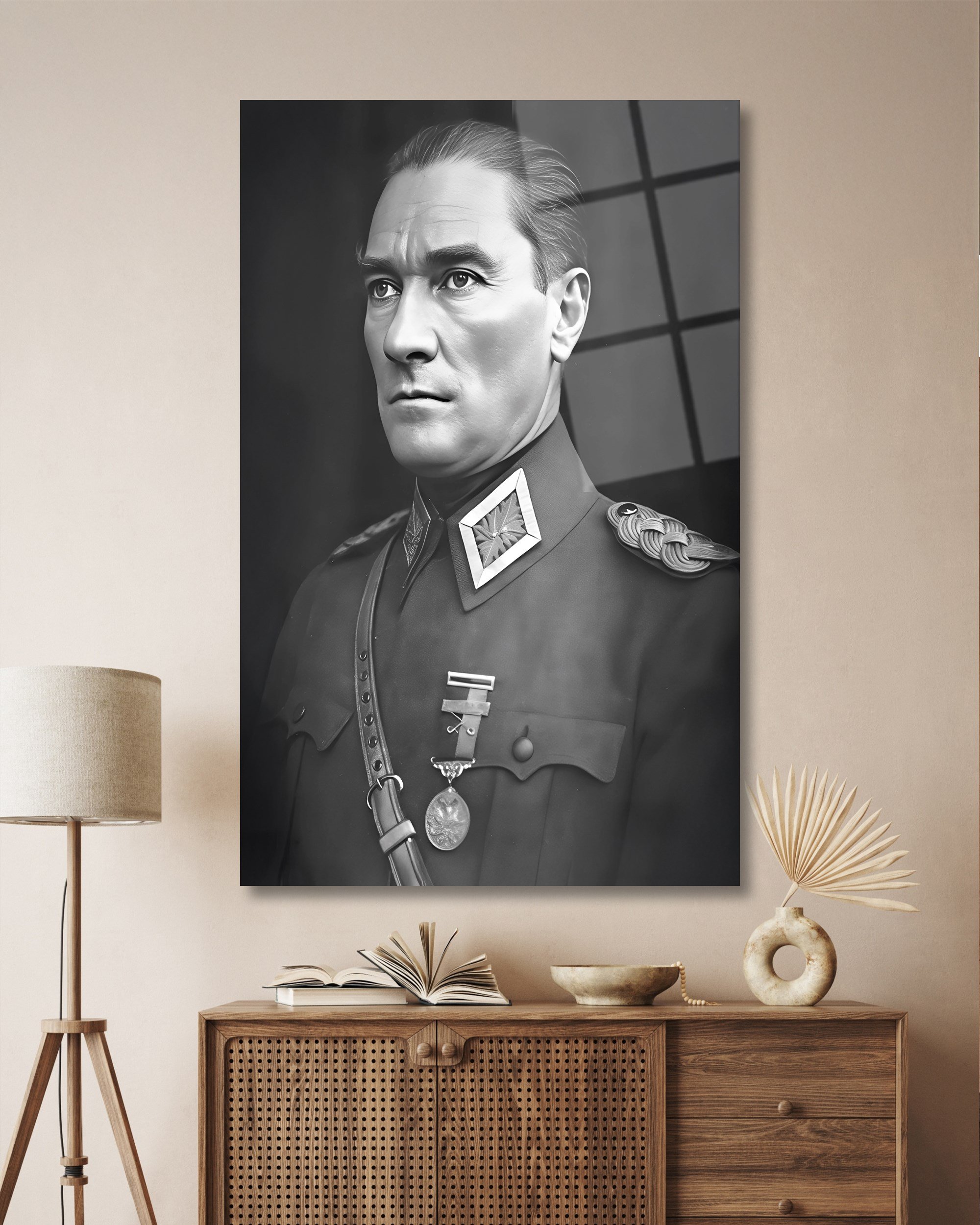Atatürk Portre Üniformalı Siyah Beyaz Cam Tablo Hediyelik Büyük Tablo Ev Ofis Dekoru