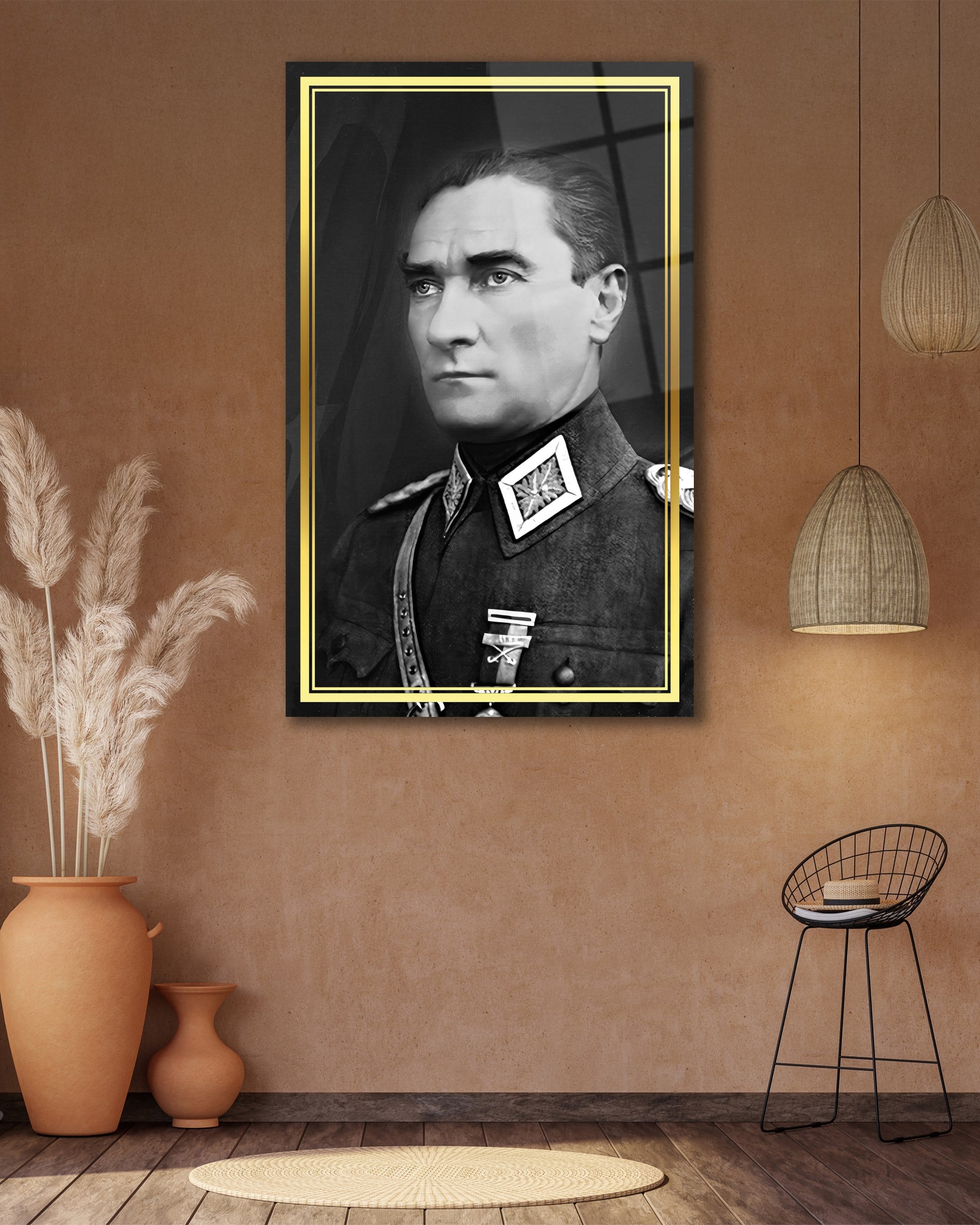 Atatürk Portre Üniformalı Siyah Beyaz Cam Tablo Hediyelik Büyük Tablo Ev Ofis Dekoru