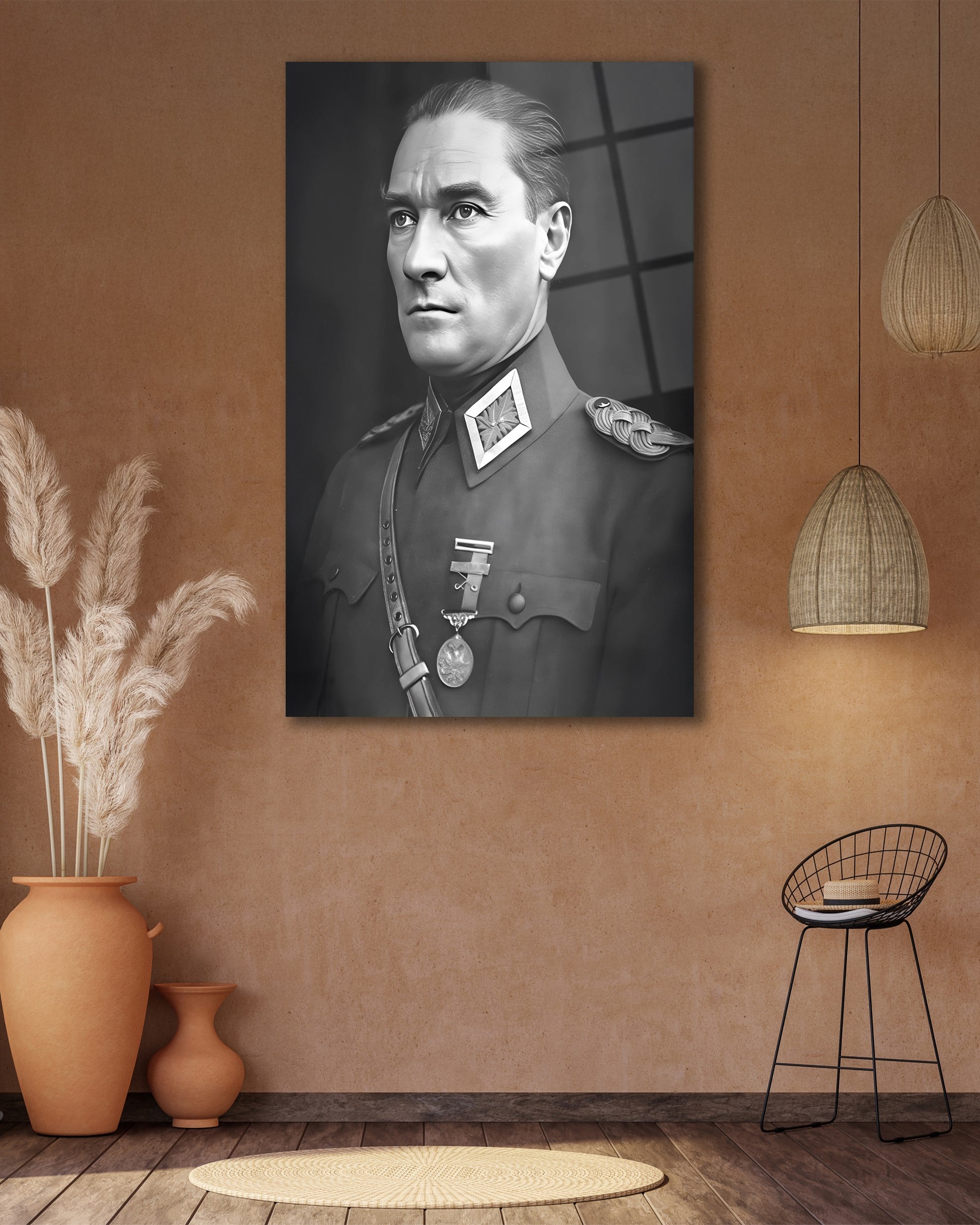Atatürk Portre Üniformalı Siyah Beyaz Cam Tablo Hediyelik Büyük Tablo Ev Ofis Dekoru