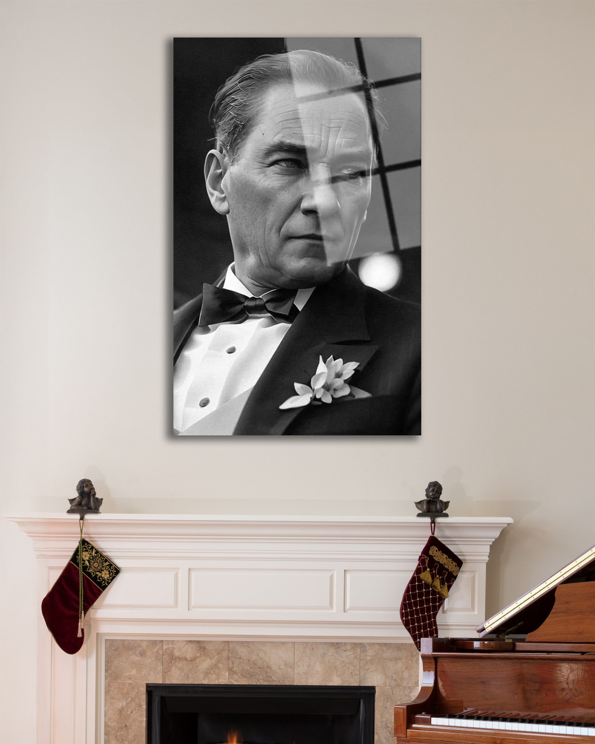 Atatürk Siyah Beyaz Dikey Cam Tablo Hediyelik Büyük Tablo Ev Ofis Dekoru