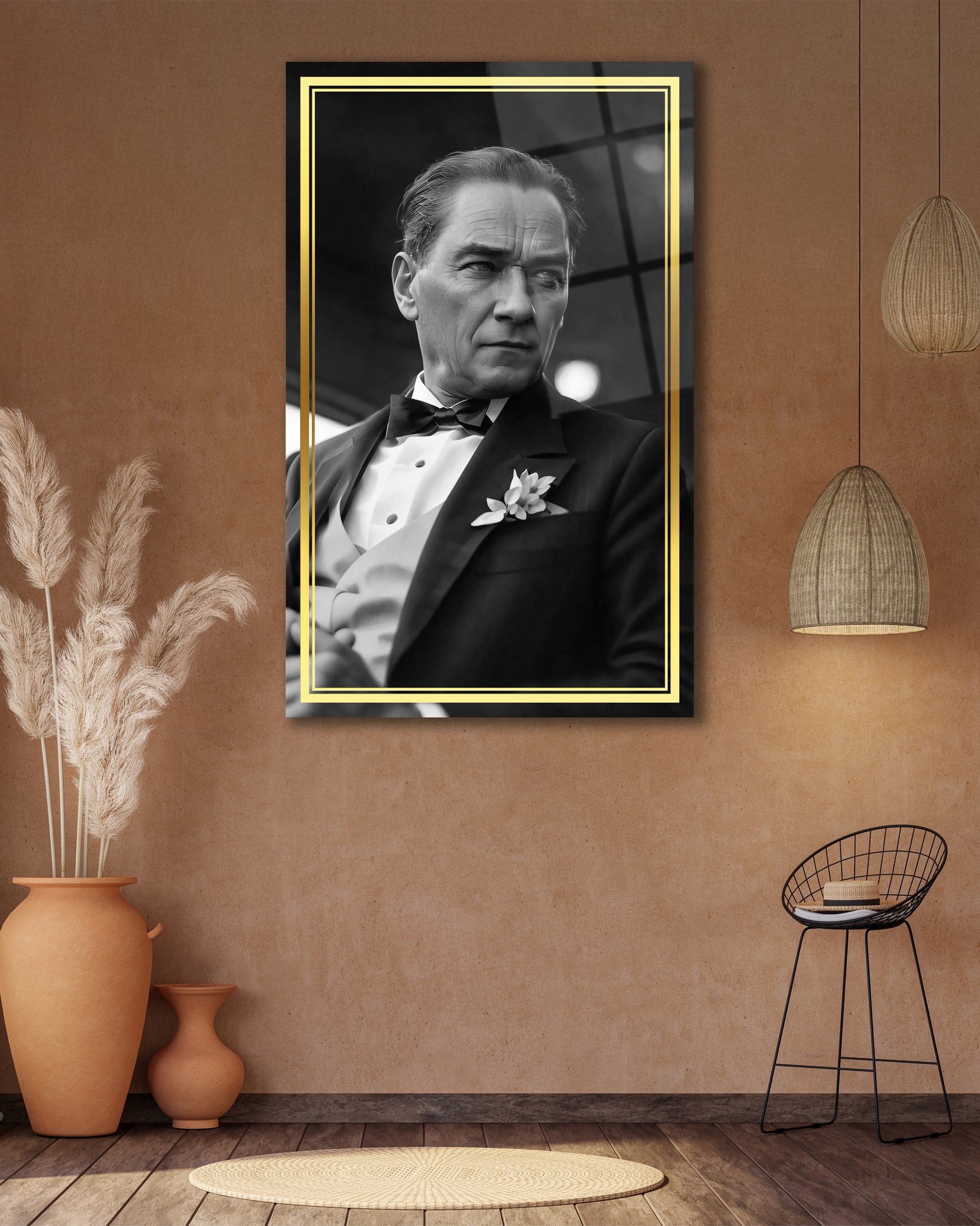 Atatürk Siyah Beyaz Dikey Cam Tablo Hediyelik Büyük Tablo Ev Ofis Dekoru