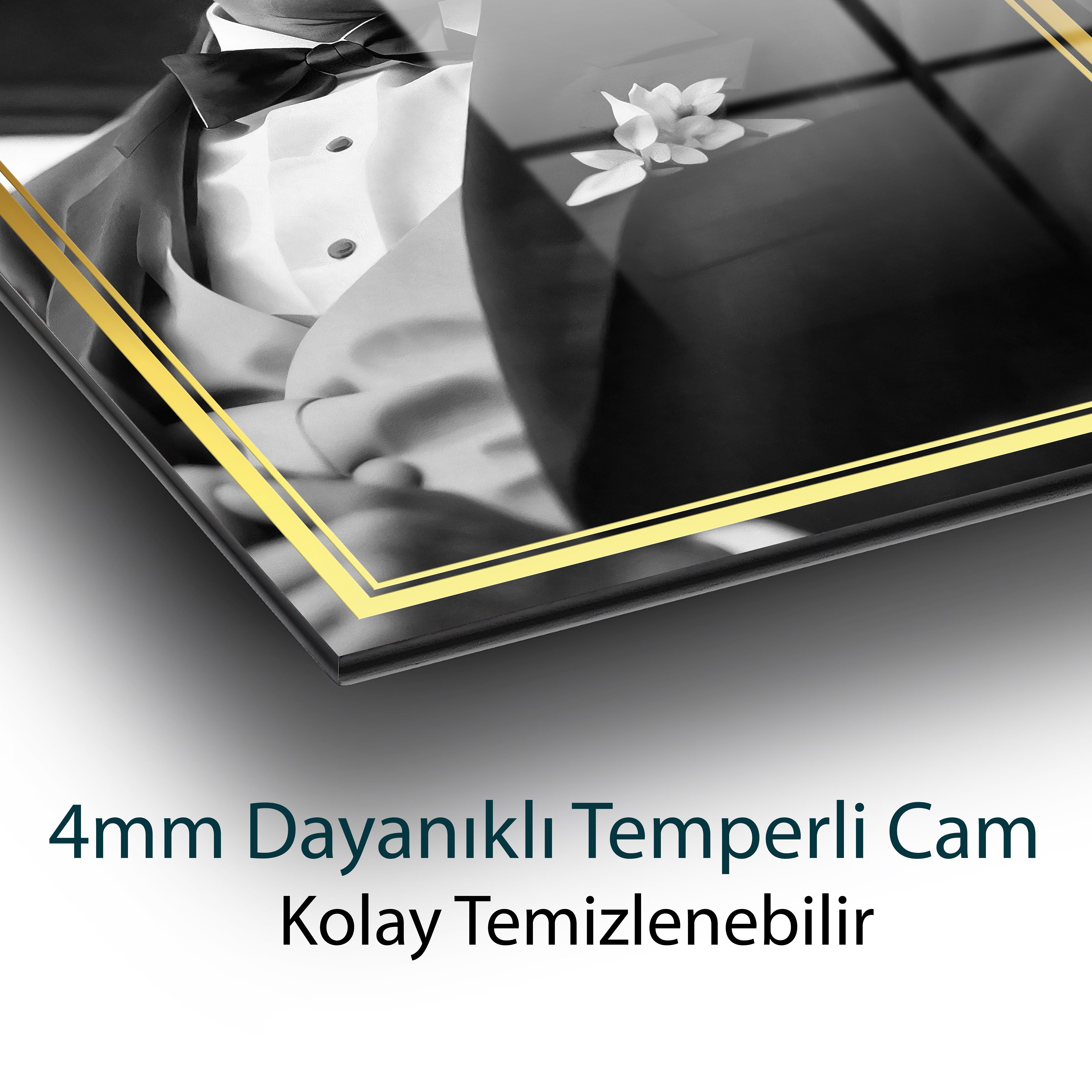 Atatürk Siyah Beyaz Dikey Cam Tablo Hediyelik Büyük Tablo Ev Ofis Dekoru