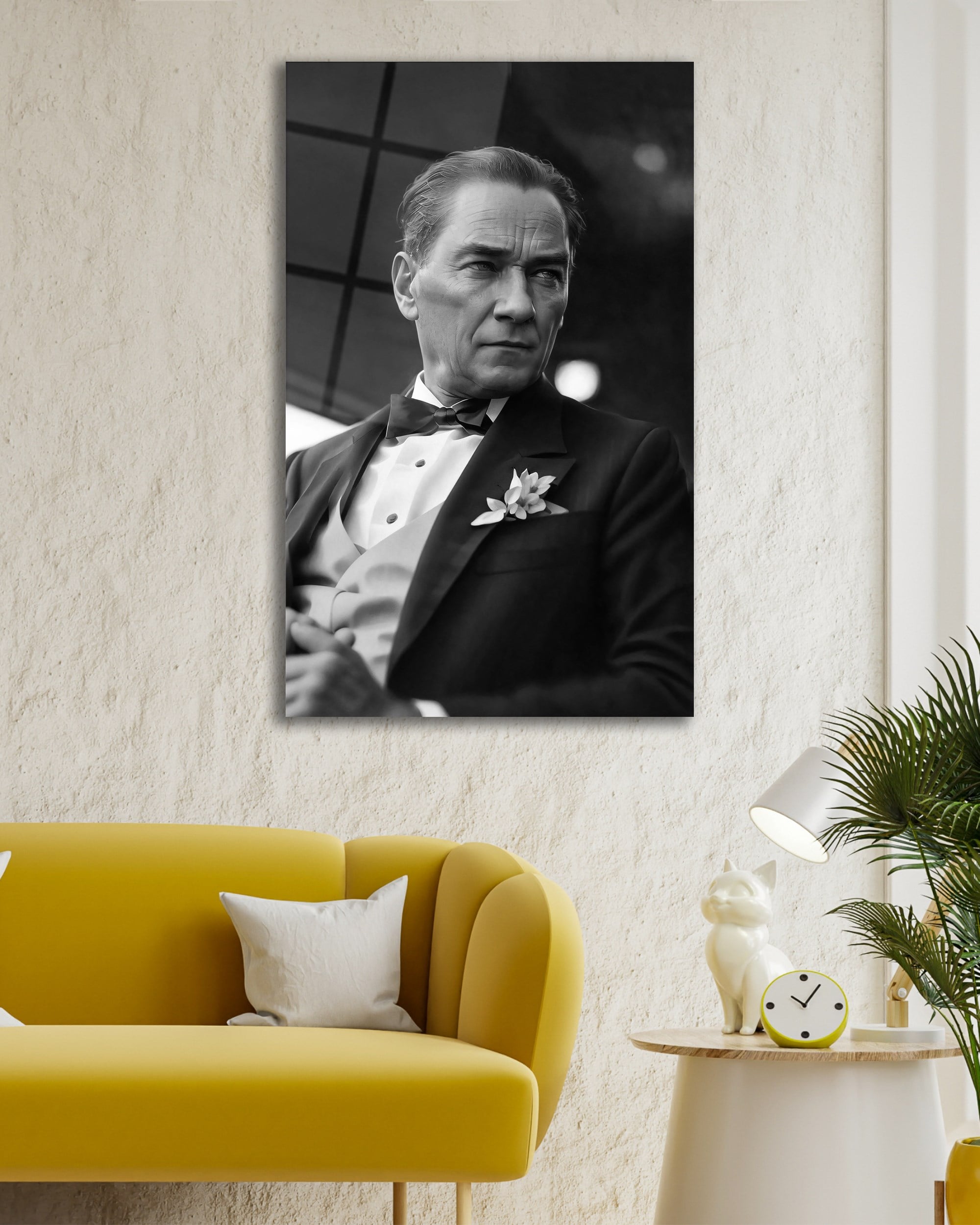 Atatürk Siyah Beyaz Dikey Cam Tablo Hediyelik Büyük Tablo Ev Ofis Dekoru