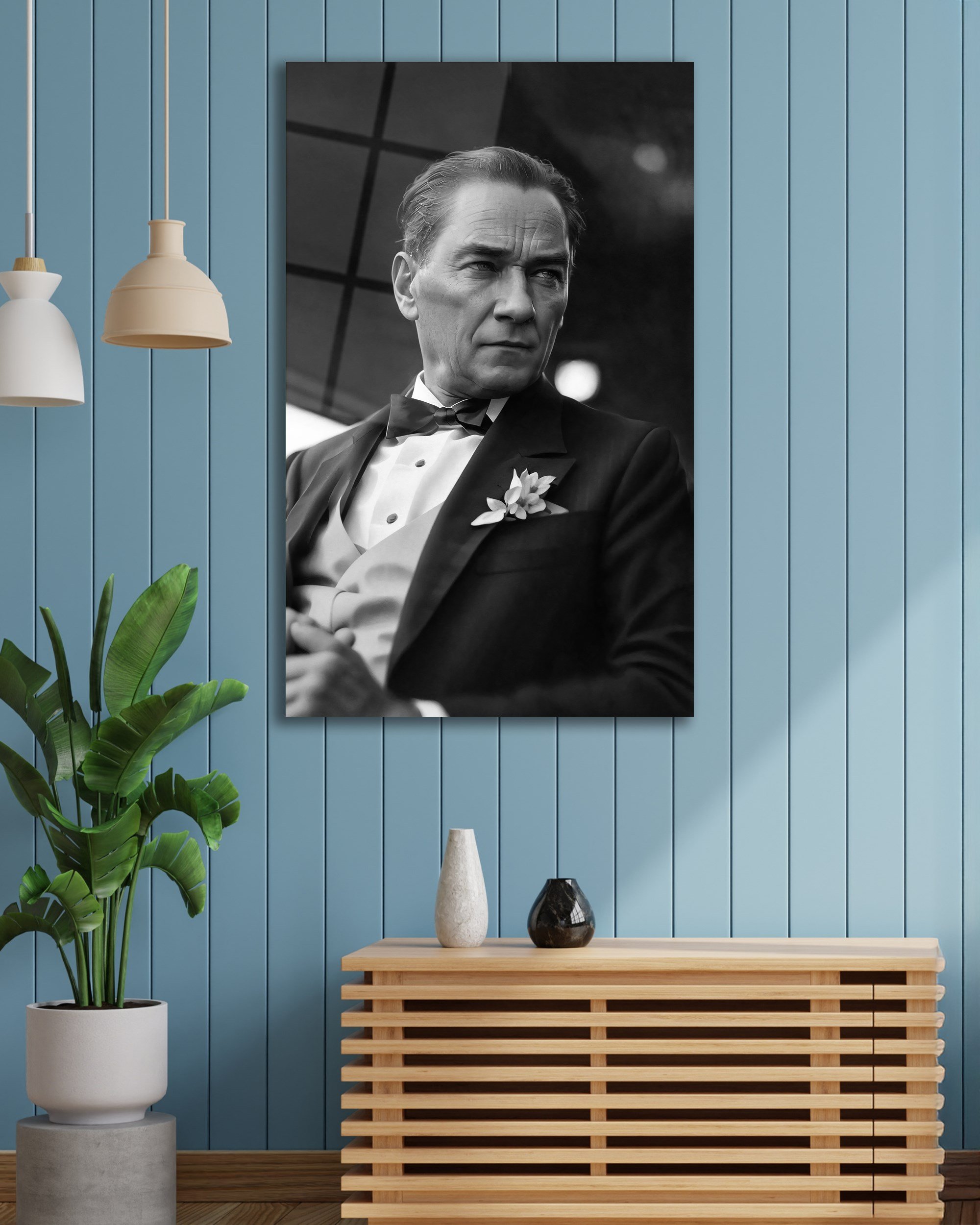 Atatürk Siyah Beyaz Dikey Cam Tablo Hediyelik Büyük Tablo Ev Ofis Dekoru