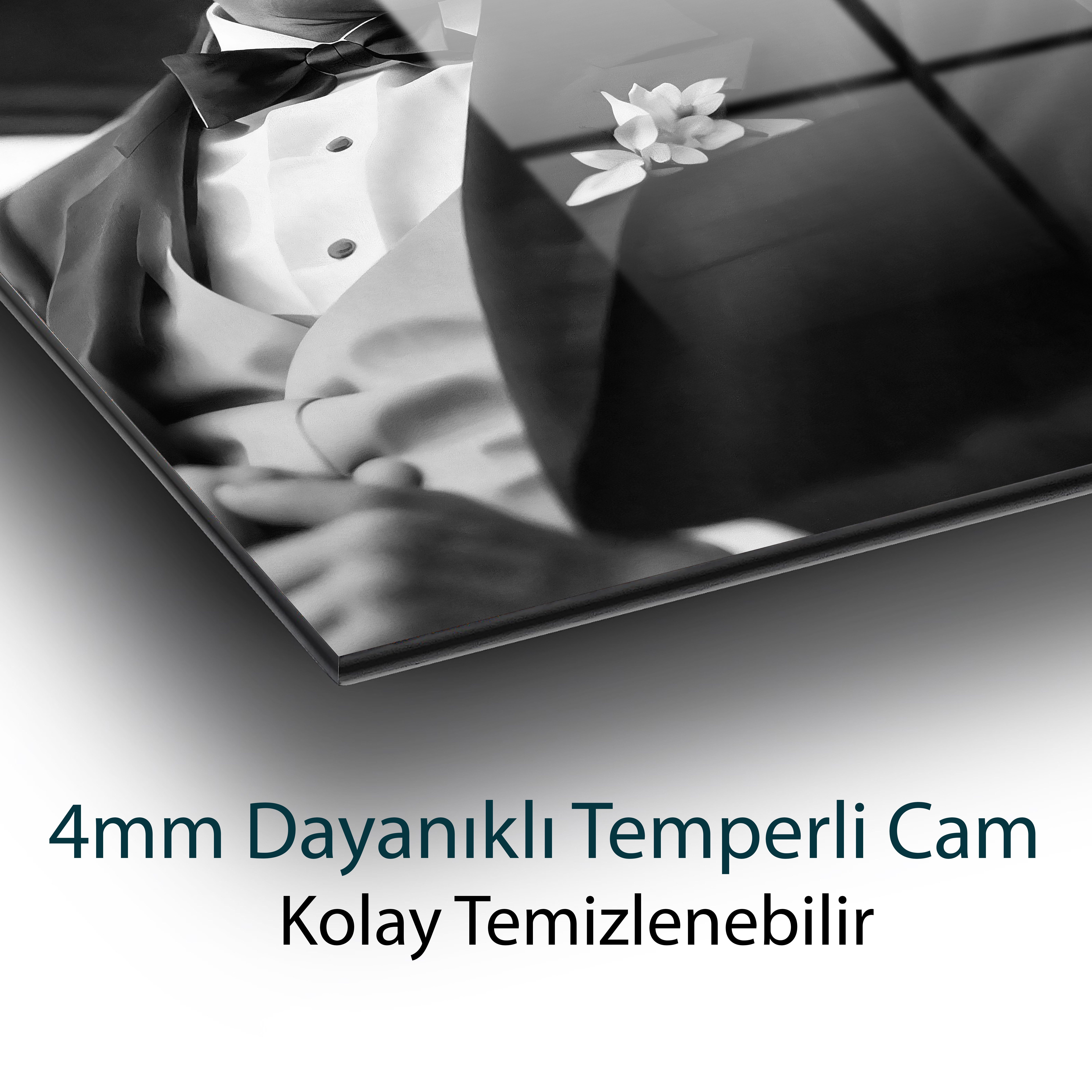 Atatürk Siyah Beyaz Dikey Cam Tablo Hediyelik Büyük Tablo Ev Ofis Dekoru