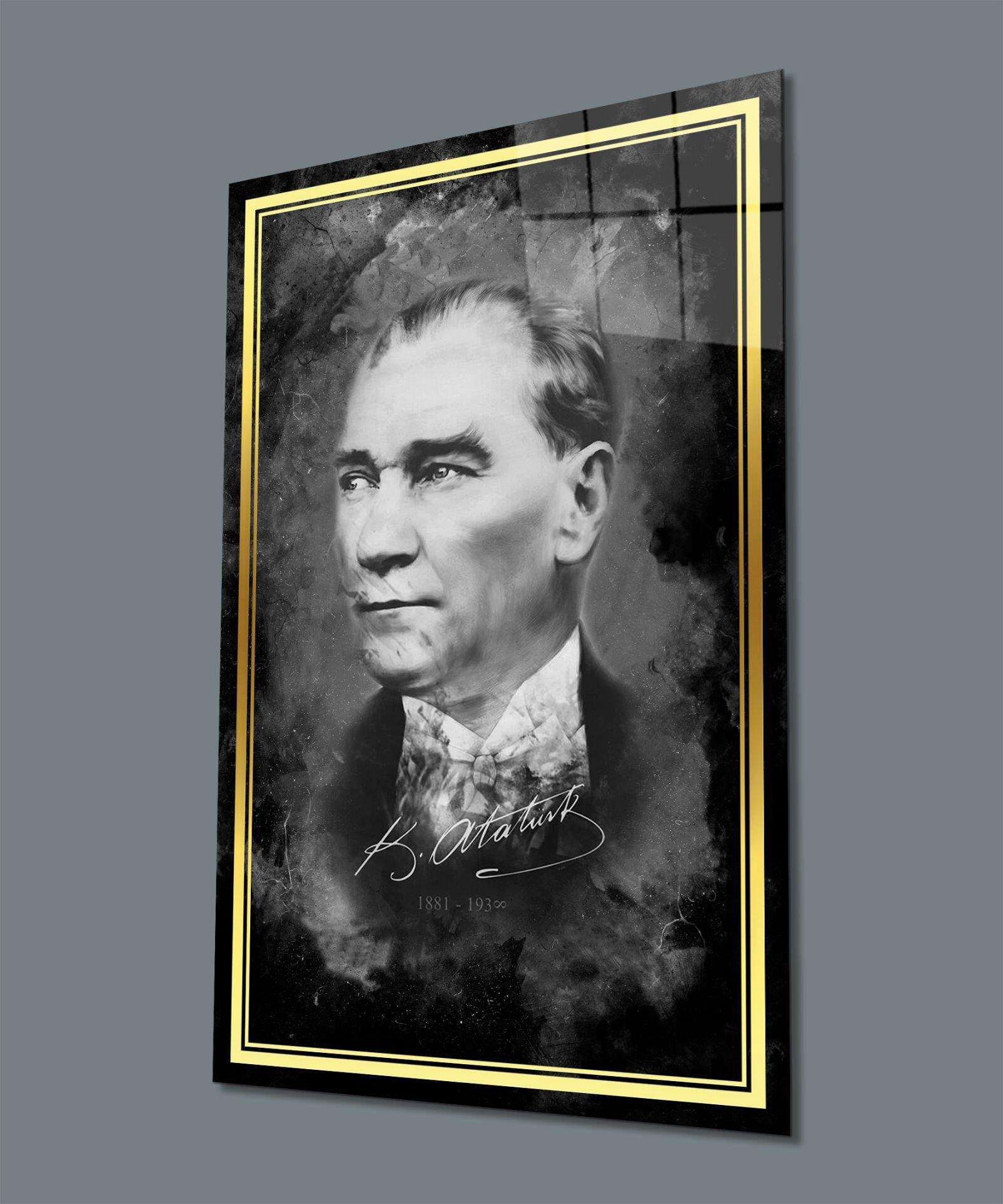 Atatürk Siyah Beyaz Portre Dikey Cam Tablo Hediyelik Büyük Tablo Ev Ofis Dekoru