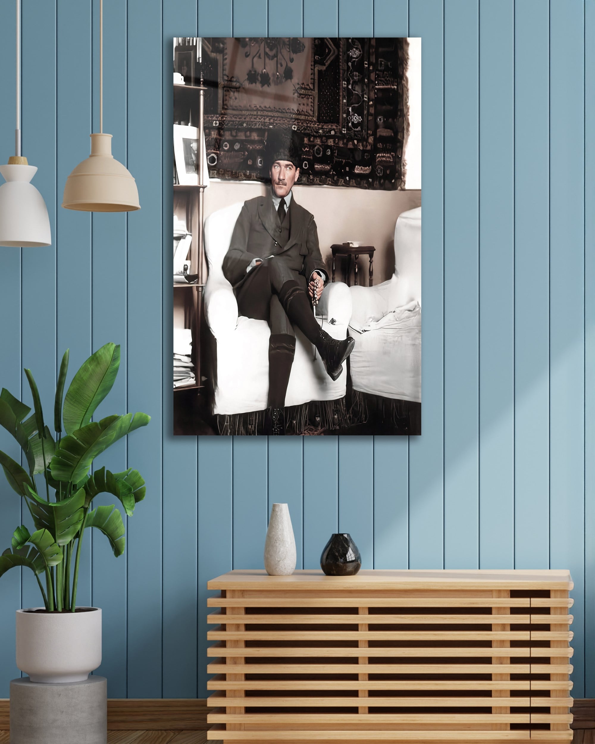 Atatürk Üniformalı Dikey Cam Tablo Hediyelik Büyük Tablo Ev Ofis Dekoru
