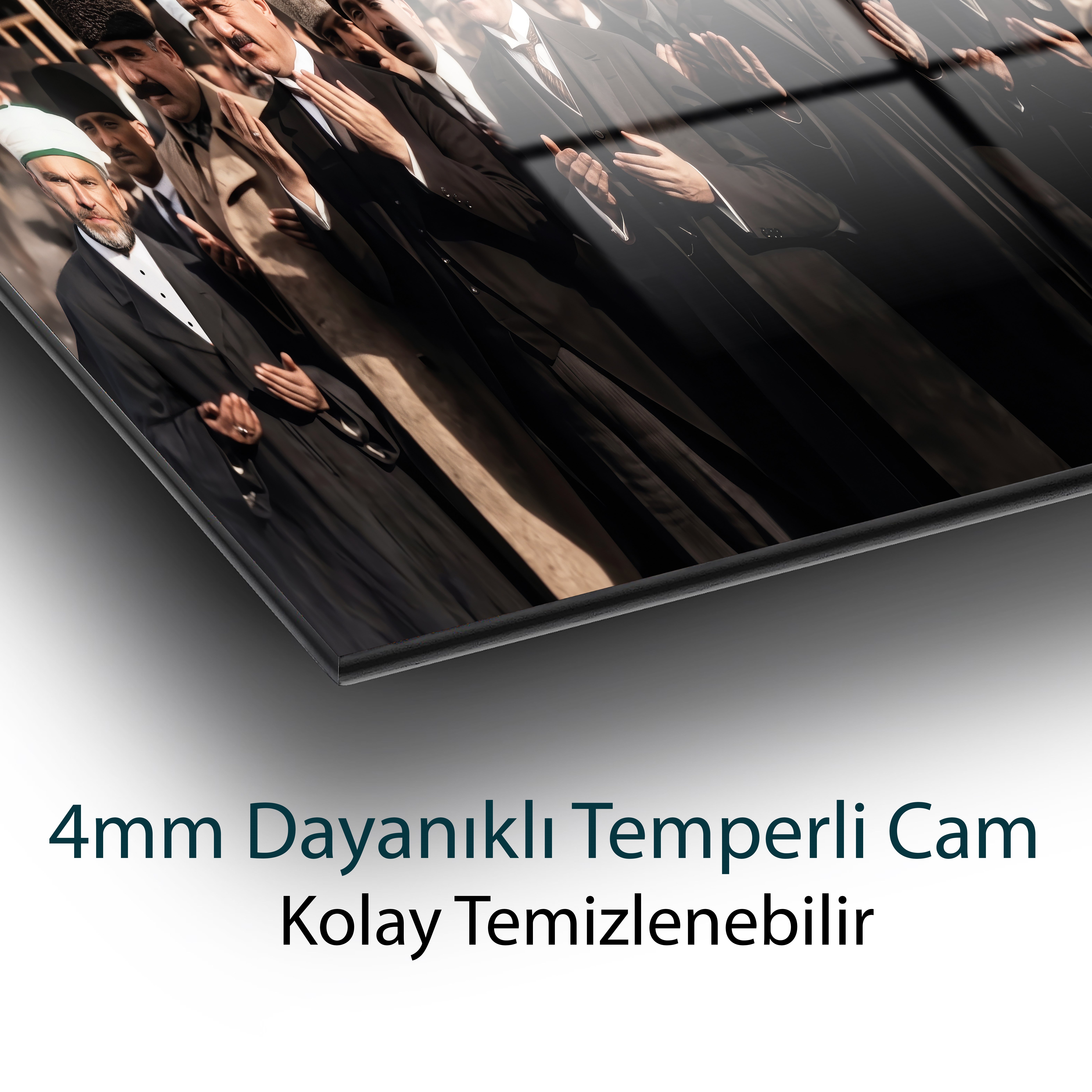 Atatürk ve Din Adamları Cam Tablo | Tarihi Anı Temalı Temperli Cam Duvar Tablosu | 4 mm Dekoratif Cam Tablo