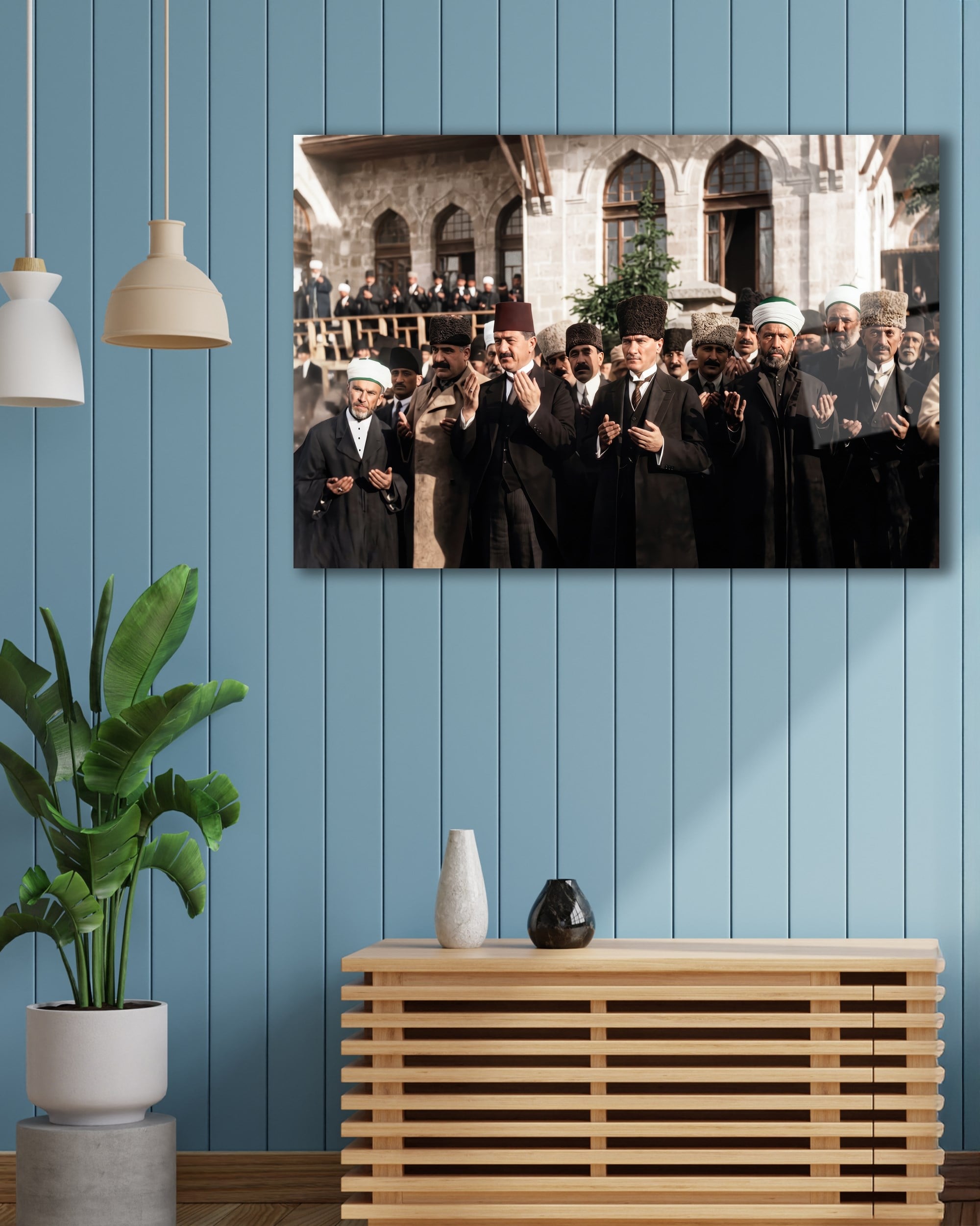 Atatürk ve Din Adamları Cam Tablo | Tarihi Anı Temalı Temperli Cam Duvar Tablosu | 4 mm Dekoratif Cam Tablo