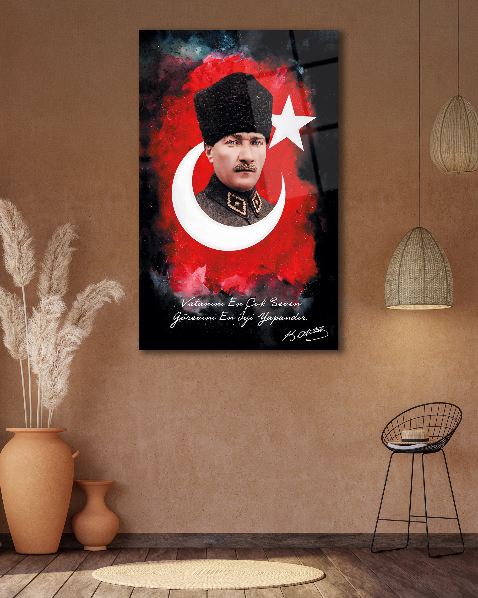 Atatürk ve Türk Bayrağı 4mm Dayanıklı Cam Tablo Temperli Cam, Ataturk Glass Wall Decor