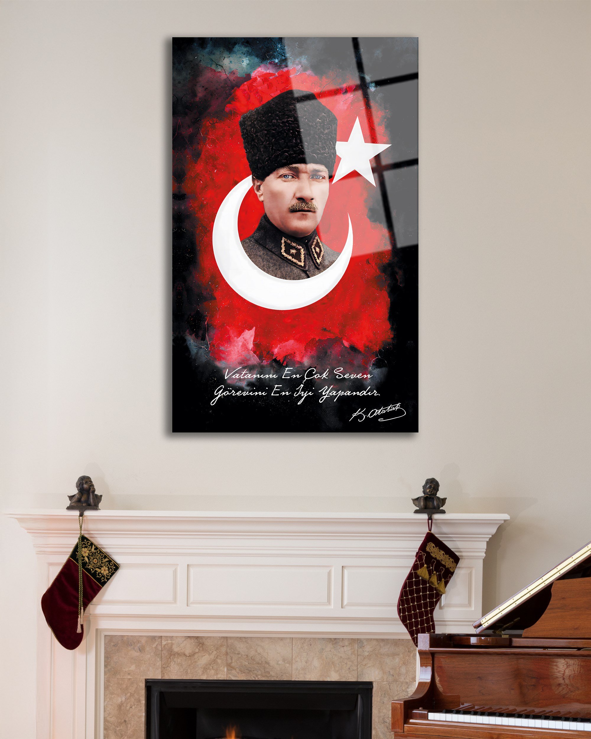 Atatürk ve Türk Bayrağı 4mm Dayanıklı Cam Tablo Temperli Cam, Ataturk Glass Wall Decor