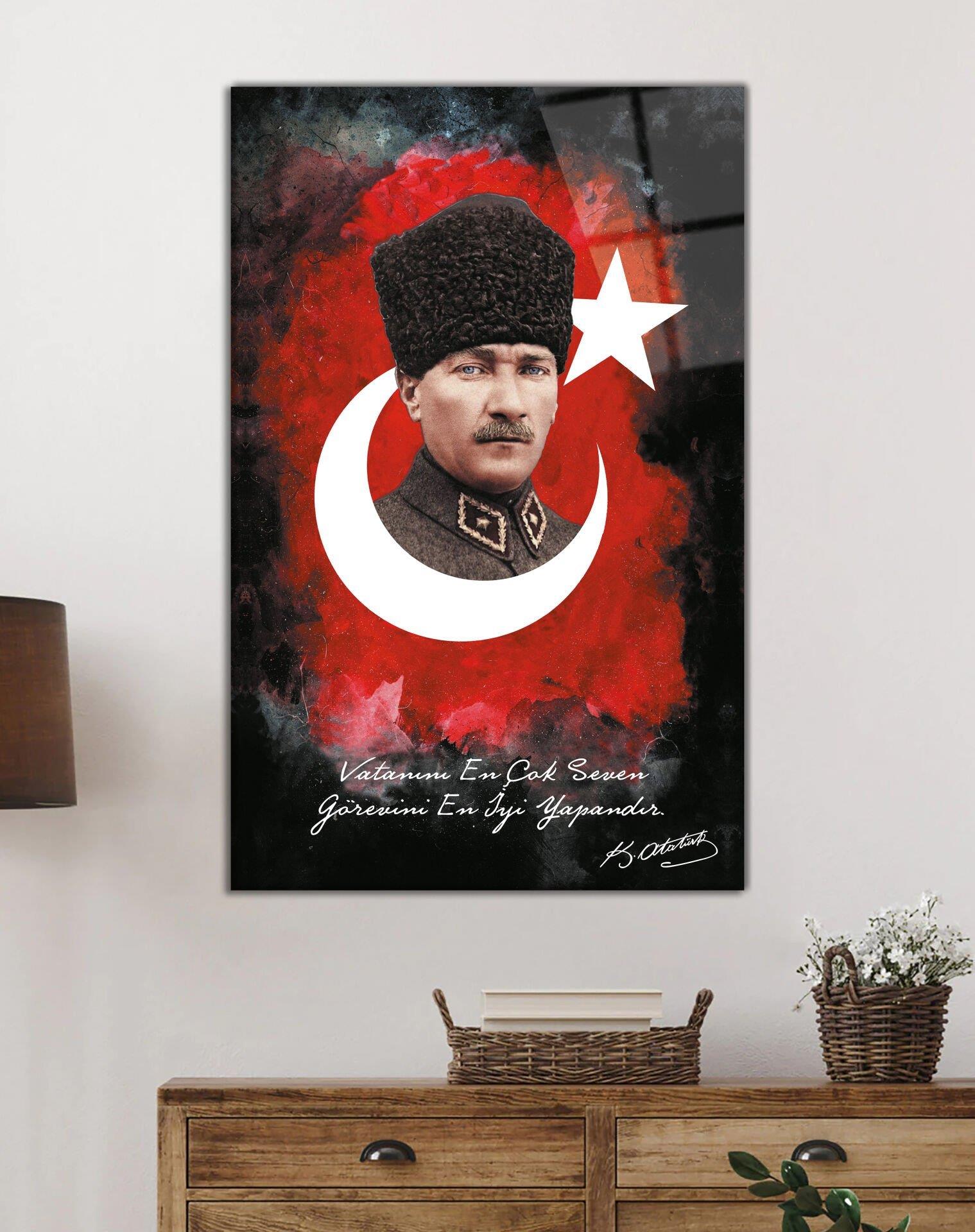Atatürk ve Türk Bayrağı 4mm Dayanıklı Cam Tablo Temperli Cam, Ataturk Glass Wall Decor