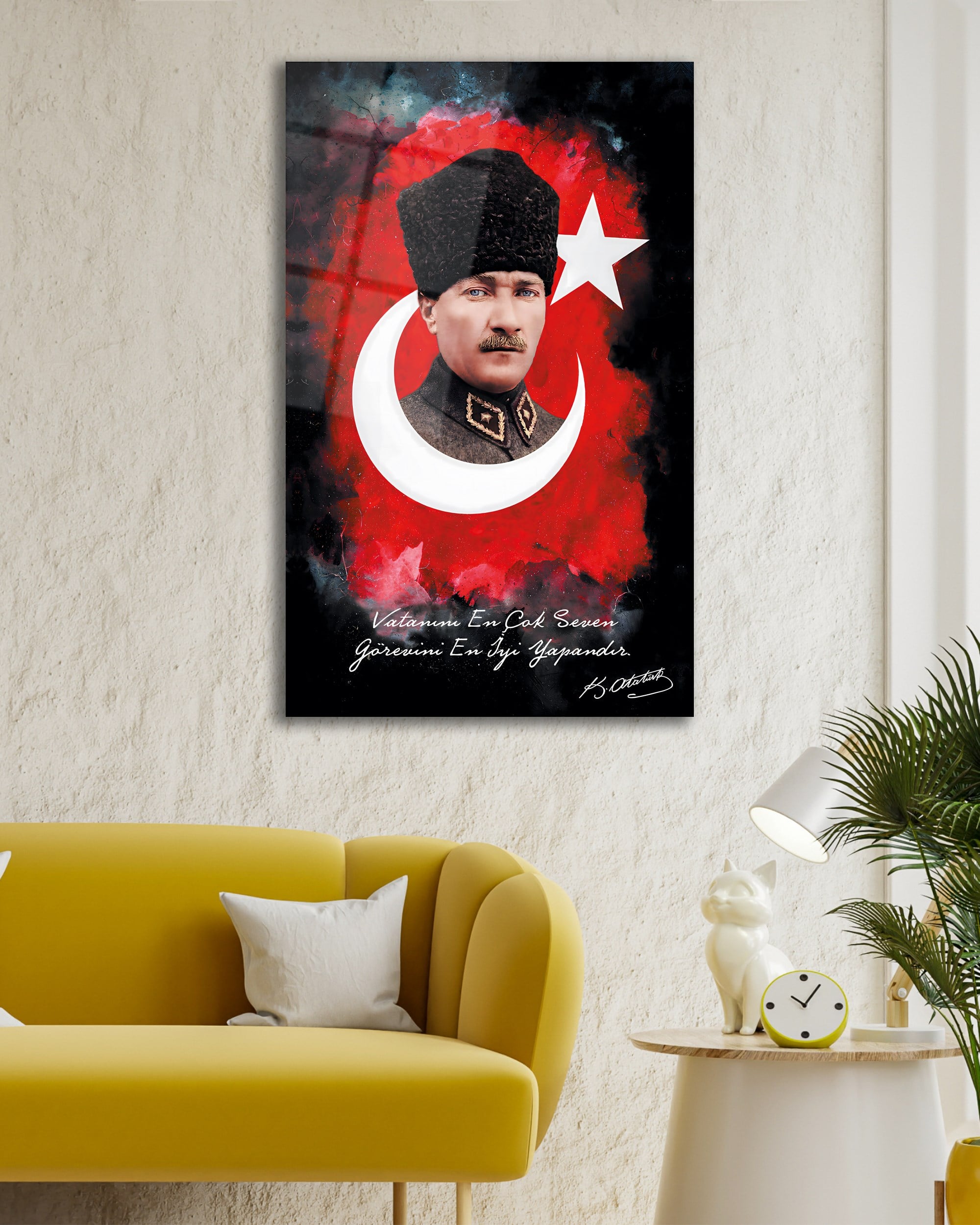 Atatürk ve Türk Bayrağı 4mm Dayanıklı Cam Tablo Temperli Cam, Ataturk Glass Wall Decor
