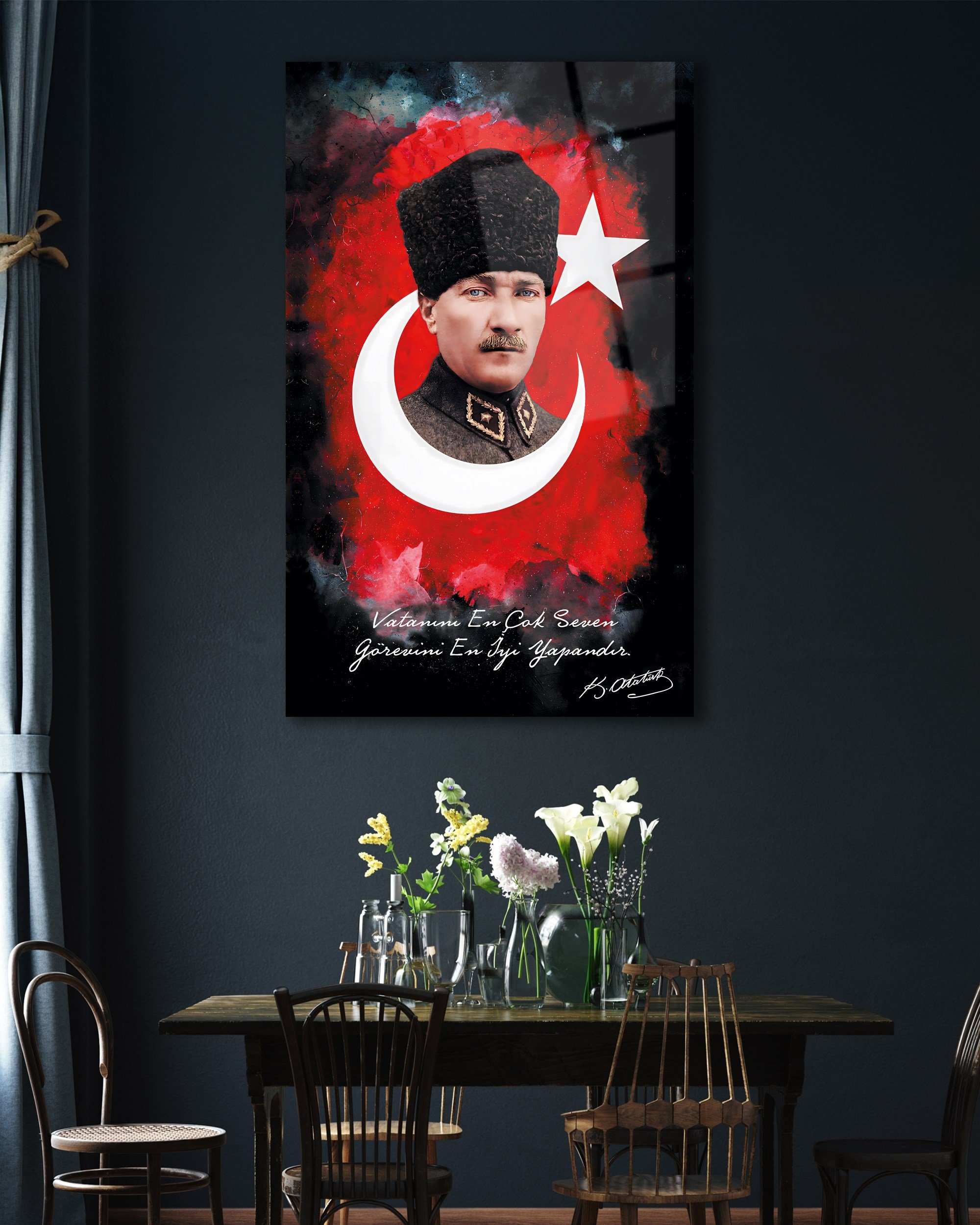 Atatürk ve Türk Bayrağı 4mm Dayanıklı Cam Tablo Temperli Cam, Ataturk Glass Wall Decor