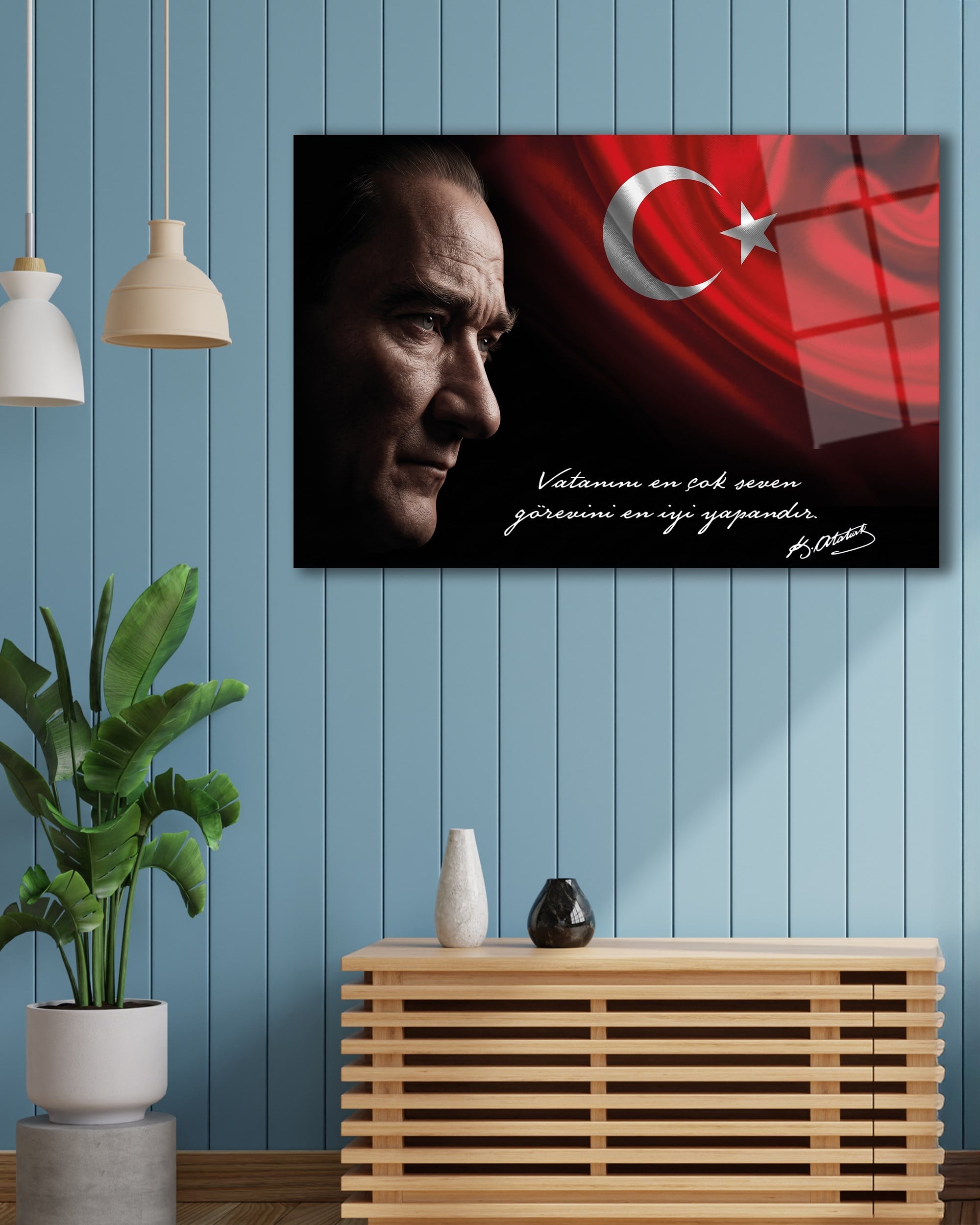 Atatürk ve Türk Bayrağı “Vatanını En Çok Seven” Temperli Cam Tablo