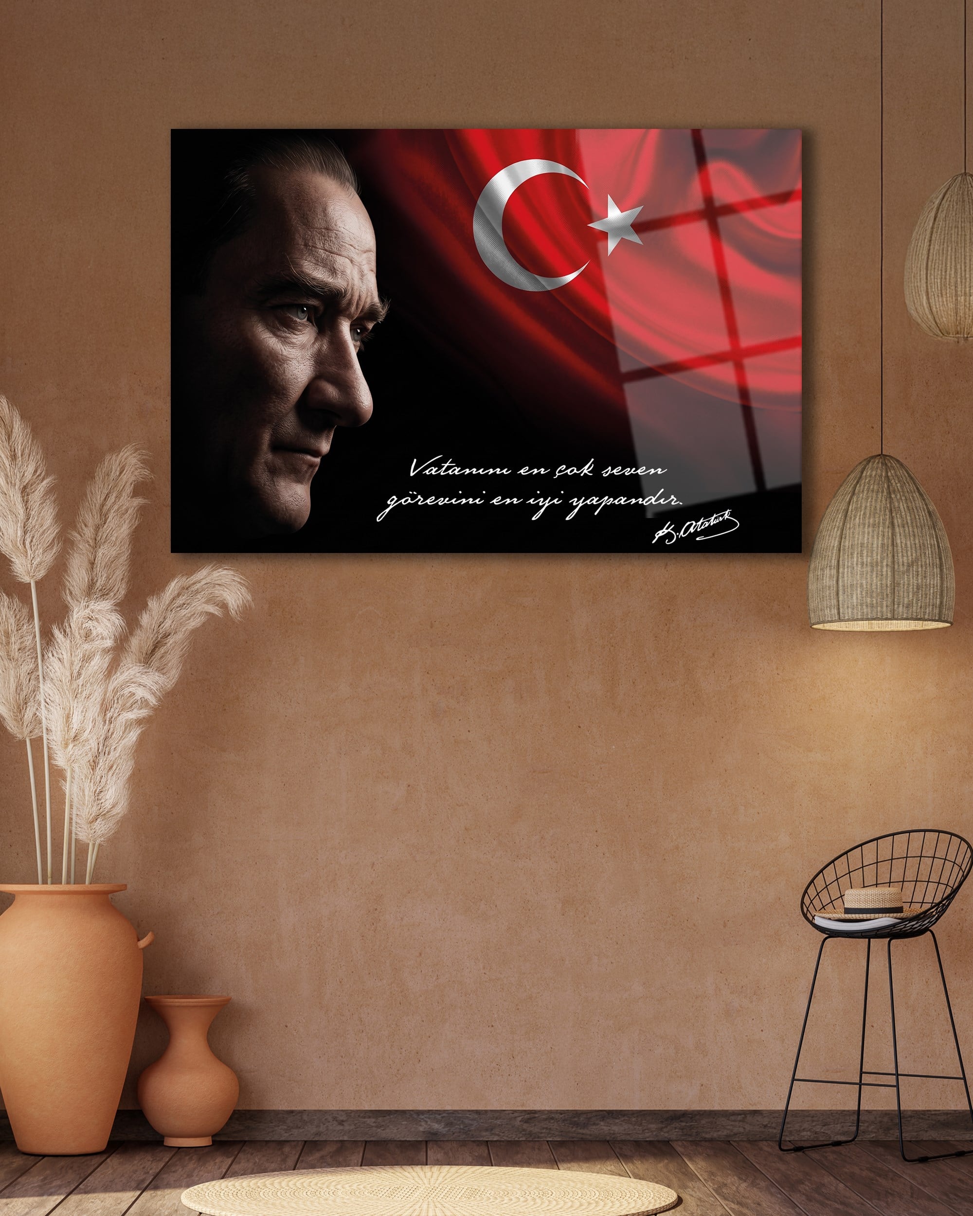 Atatürk ve Türk Bayrağı “Vatanını En Çok Seven” Temperli Cam Tablo