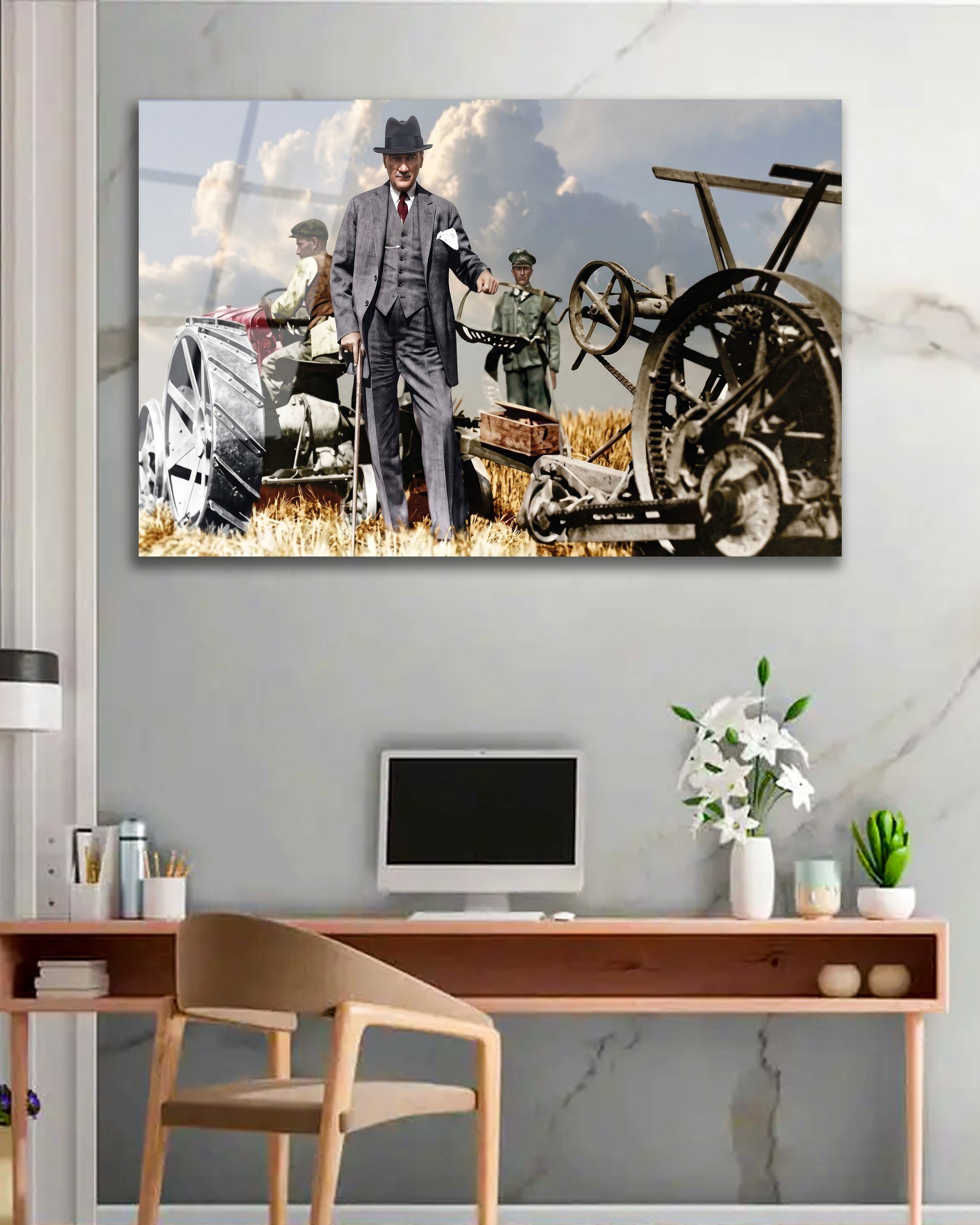 Atatürk ve Türk Çiftçisi Cam Tablo | Cumhuriyetin Tarım Vizyonu Premium Temperli Cam Duvar Tablosu