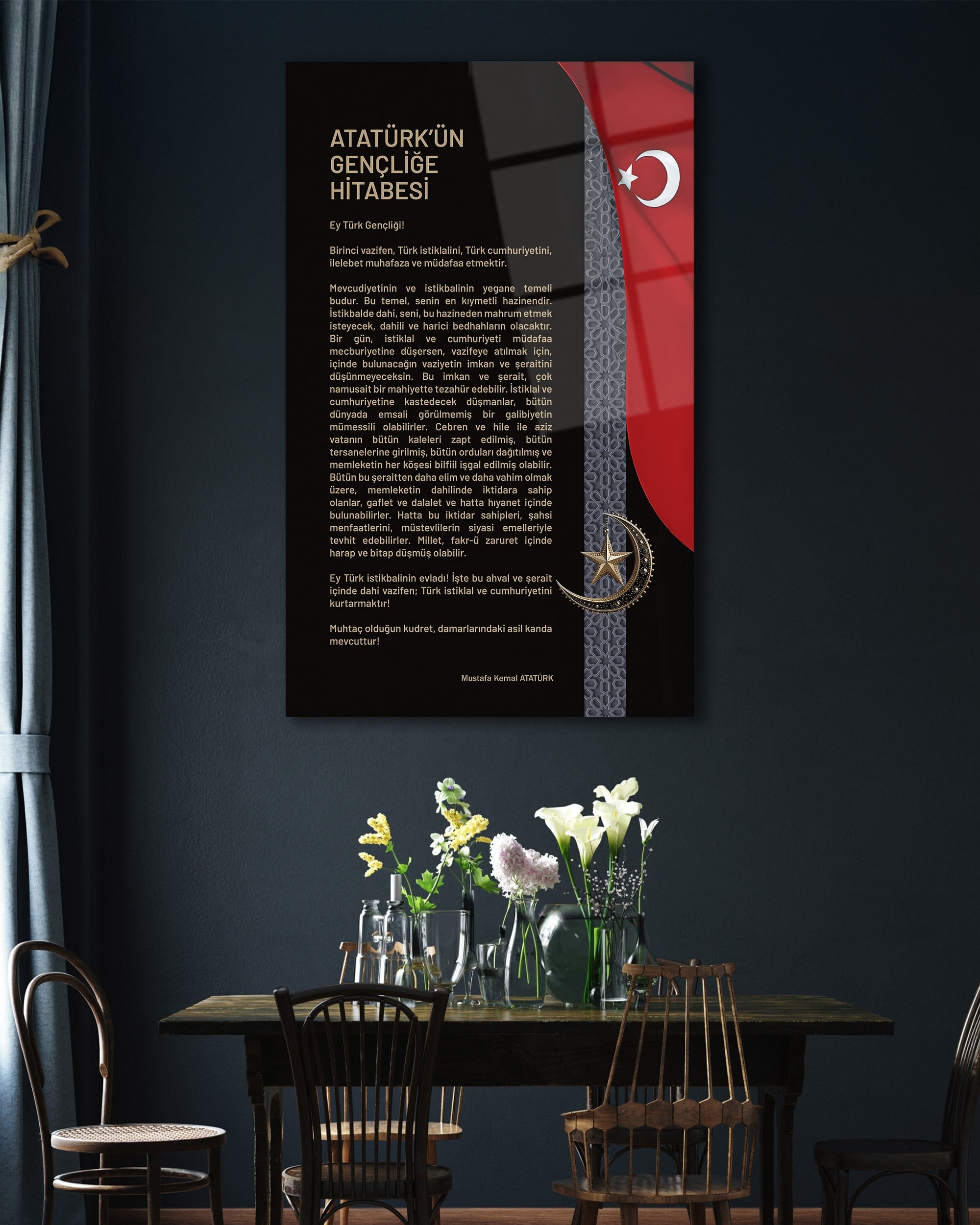 Atatürk'ün Gençliğe Hitabesi Cam Tablo | Türk Bayraklı Premium Temperli Cam Duvar Panosu