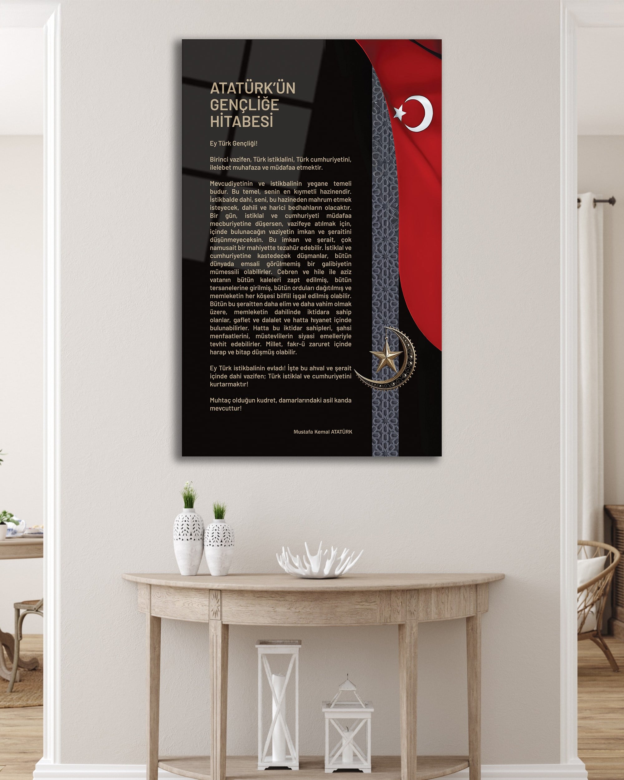 Atatürk'ün Gençliğe Hitabesi Cam Tablo | Türk Bayraklı Premium Temperli Cam Duvar Panosu