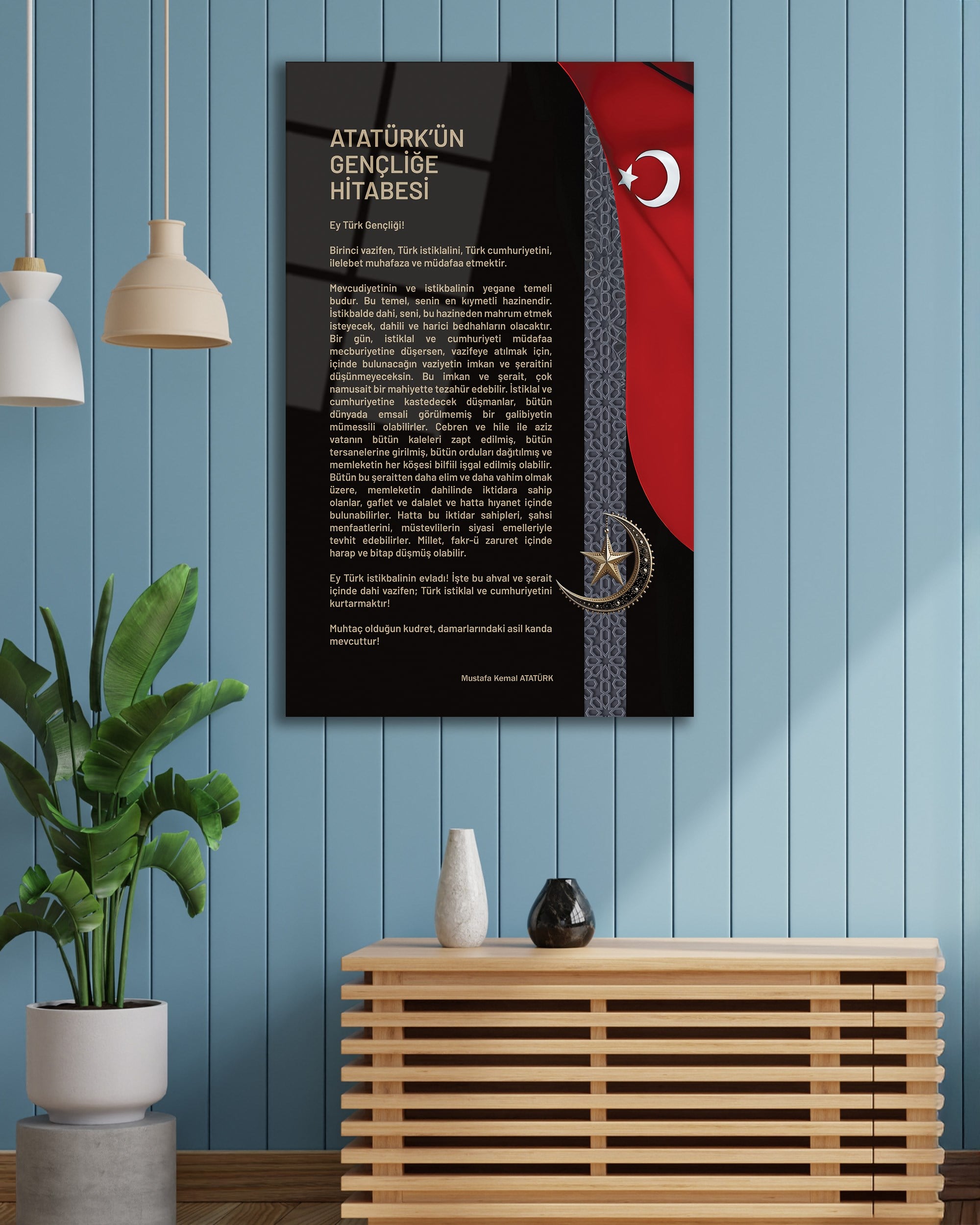 Atatürk'ün Gençliğe Hitabesi Cam Tablo | Türk Bayraklı Premium Temperli Cam Duvar Panosu
